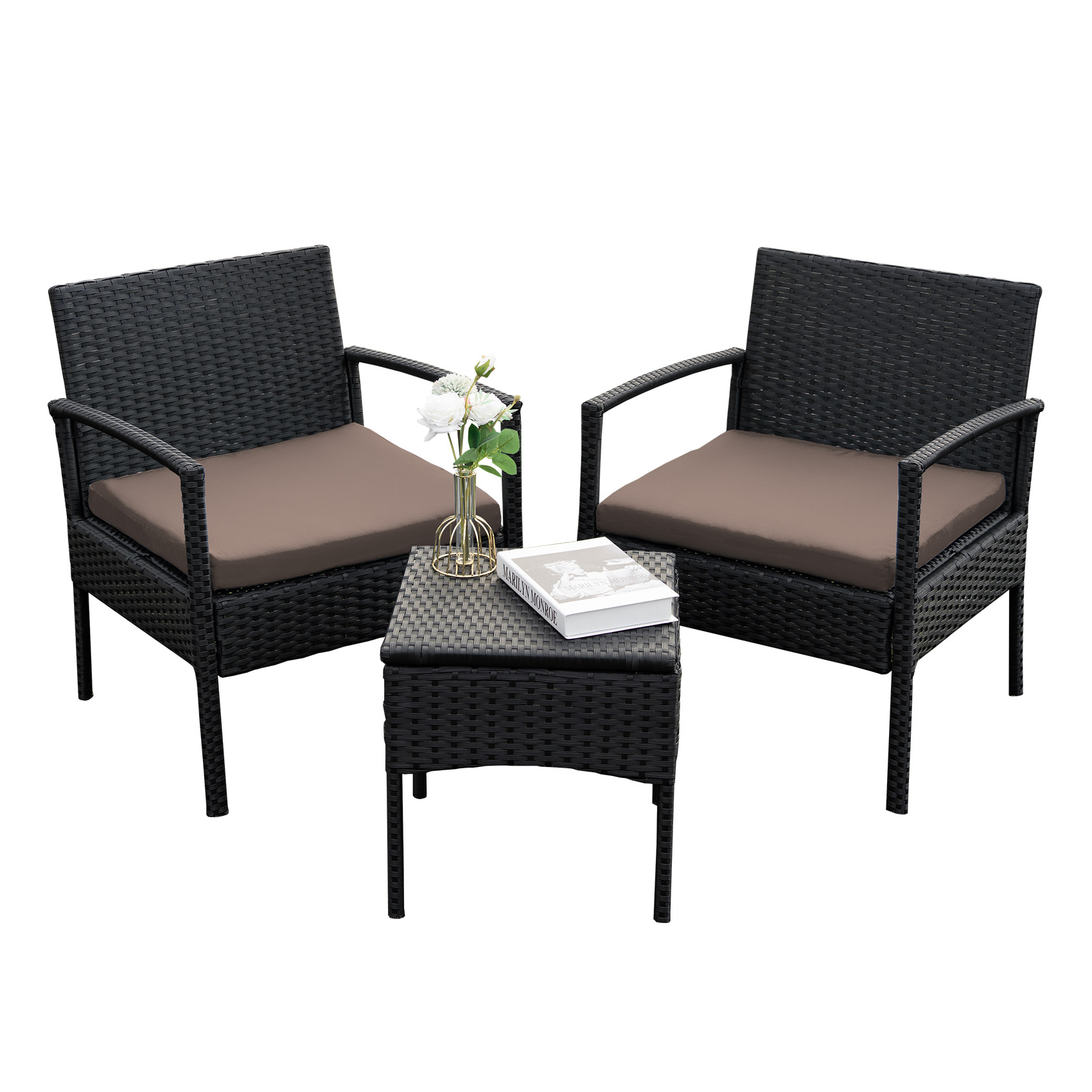 3 pieces Outdoor Wicker Patio Furniture Set with comfortable Chairs, Cushions, and Coffee Table for Backyard, Balcony and Apartment