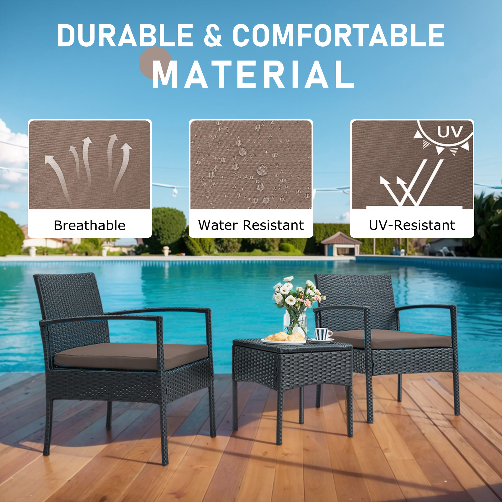 3 pieces Outdoor Wicker Patio Furniture Set with comfortable Chairs, Cushions, and Coffee Table for Backyard, Balcony and Apartment