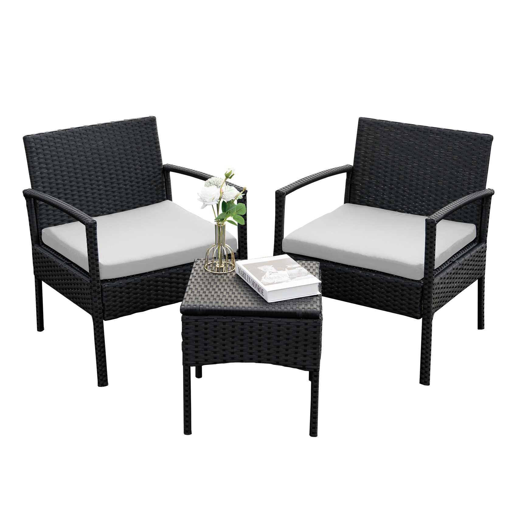 3 pieces Outdoor Wicker Patio Furniture Set with comfortable Chairs, Cushions, and Coffee Table for Backyard, Balcony and Apartment