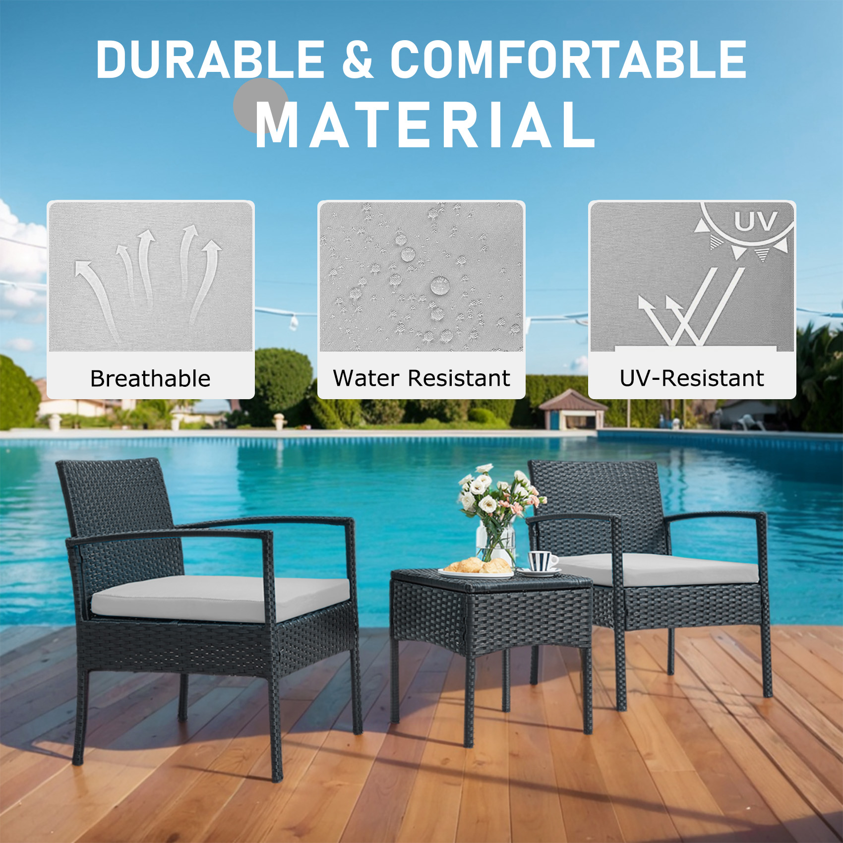 3 pieces Outdoor Wicker Patio Furniture Set with comfortable Chairs, Cushions, and Coffee Table for Backyard, Balcony and Apartment