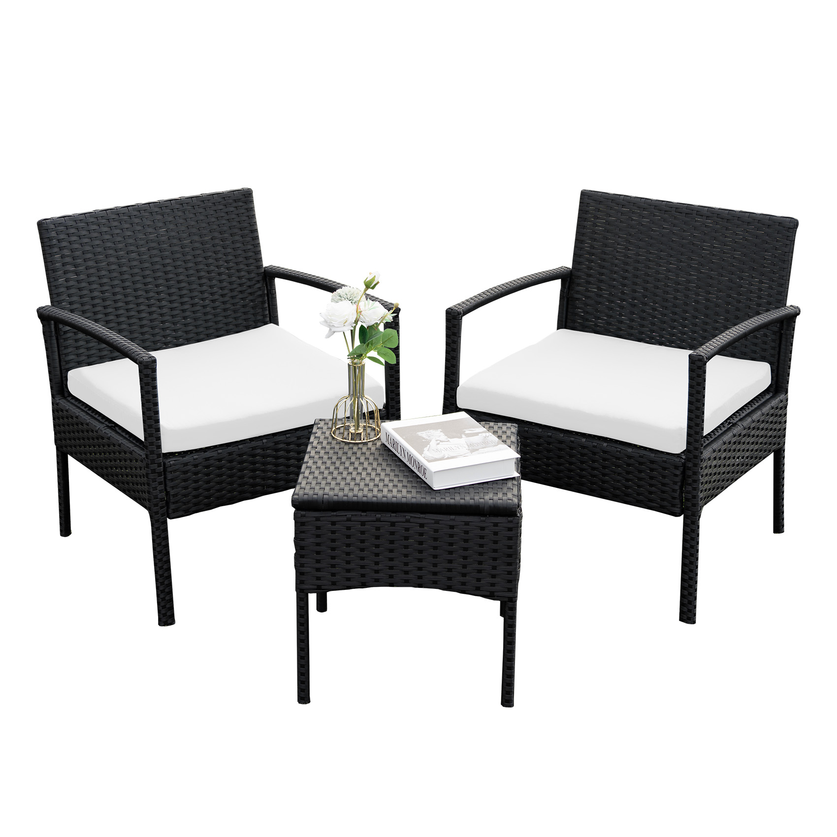 3 pieces Outdoor Wicker Patio Furniture Set with comfortable Chairs, Cushions, and Coffee Table for Backyard, Balcony and Apartment