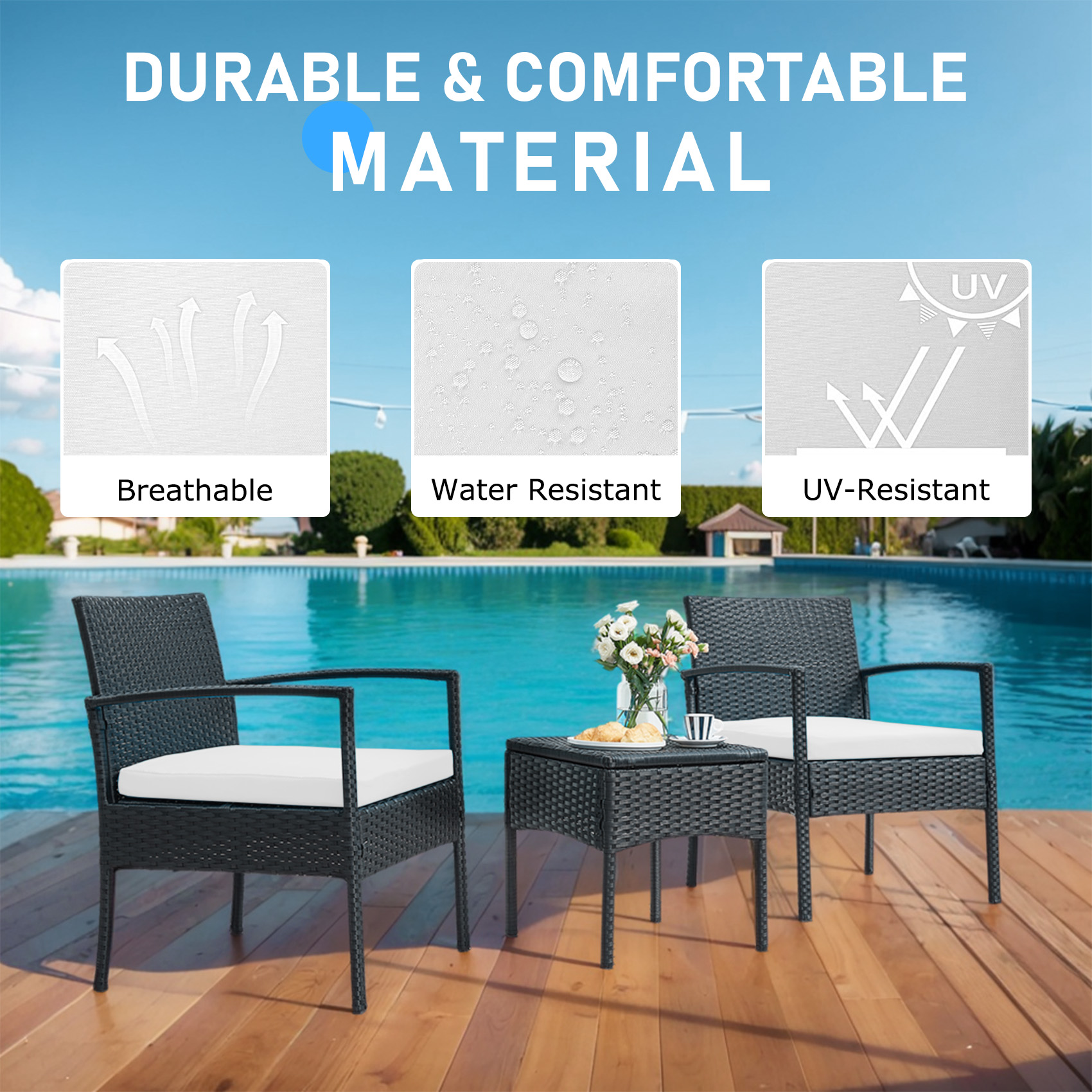 3 pieces Outdoor Wicker Patio Furniture Set with comfortable Chairs, Cushions, and Coffee Table for Backyard, Balcony and Apartment