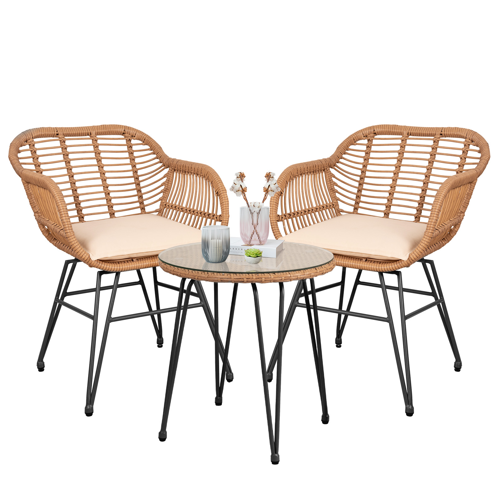 Outdoor Rattan Patio Set with modern Chairs, Cushions, and Glass Coffee Table - Conversation Furniture for Balcony, Lawn, Garden, Backyard, Black