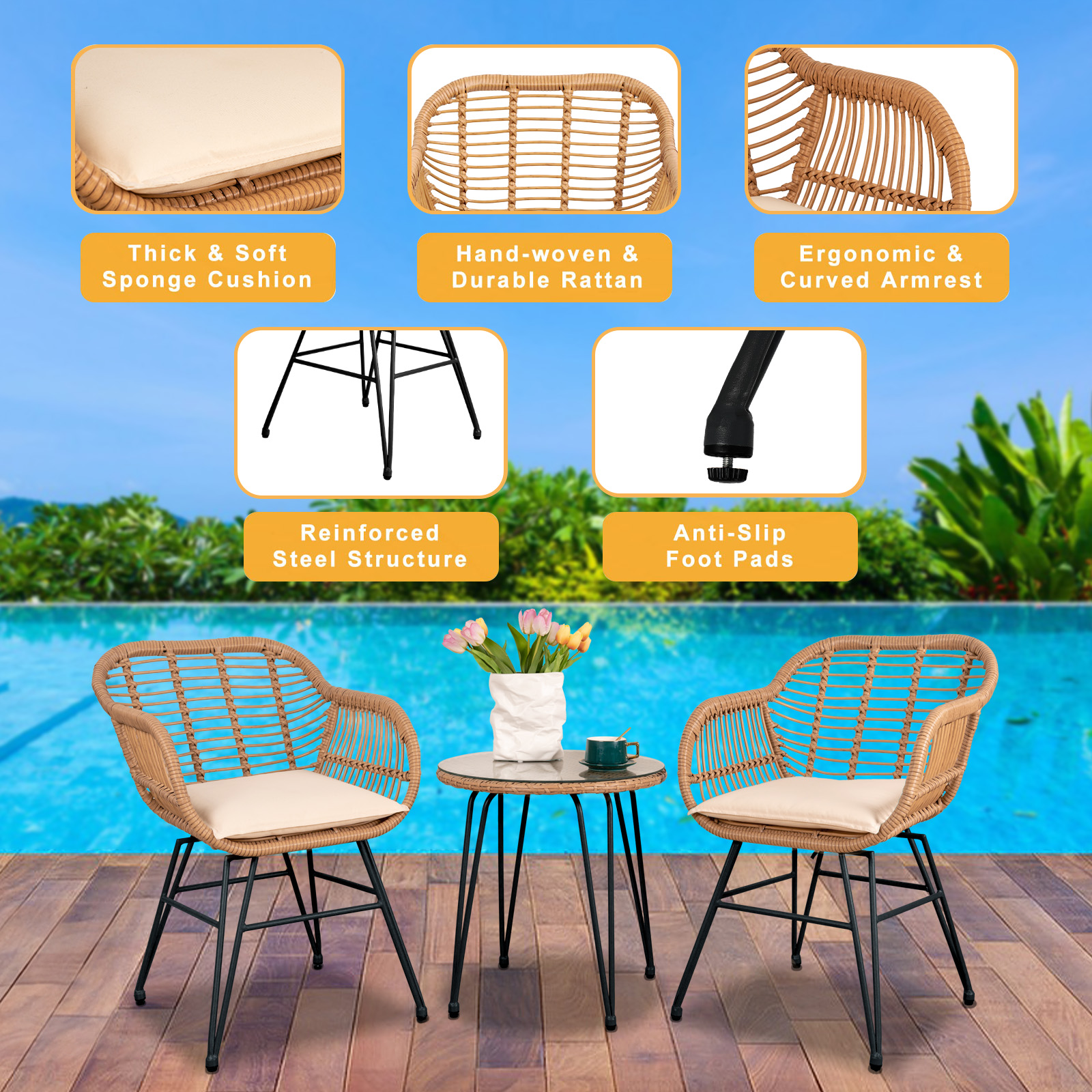 Outdoor Rattan Patio Set with modern Chairs, Cushions, and Glass Coffee Table - Conversation Furniture for Balcony, Lawn, Garden, Backyard, Black