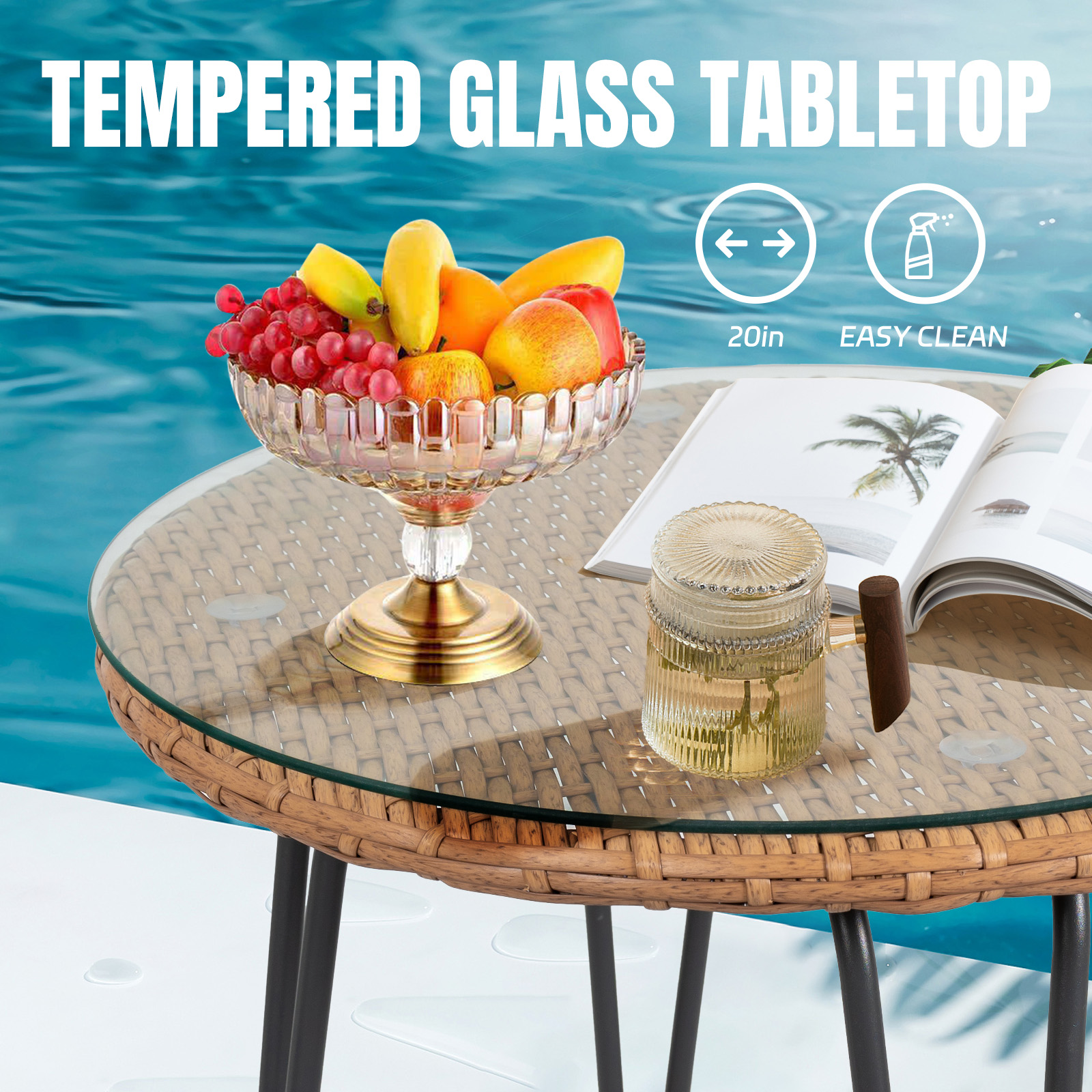 Outdoor Rattan Patio Set with modern Chairs, Cushions, and Glass Coffee Table - Conversation Furniture for Balcony, Lawn, Garden, Backyard, Black