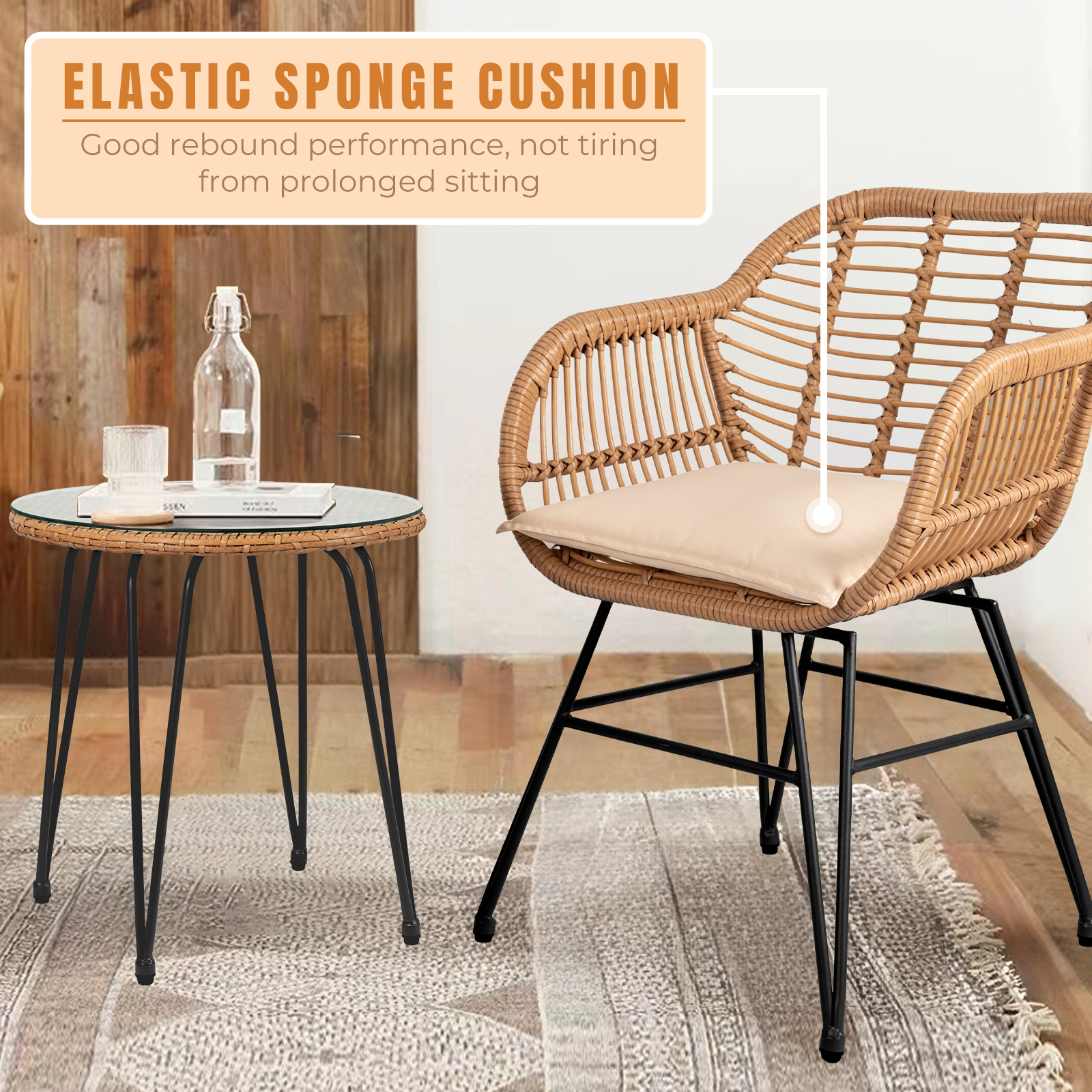 Outdoor Rattan Patio Set with modern Chairs, Cushions, and Glass Coffee Table - Conversation Furniture for Balcony, Lawn, Garden, Backyard, Black