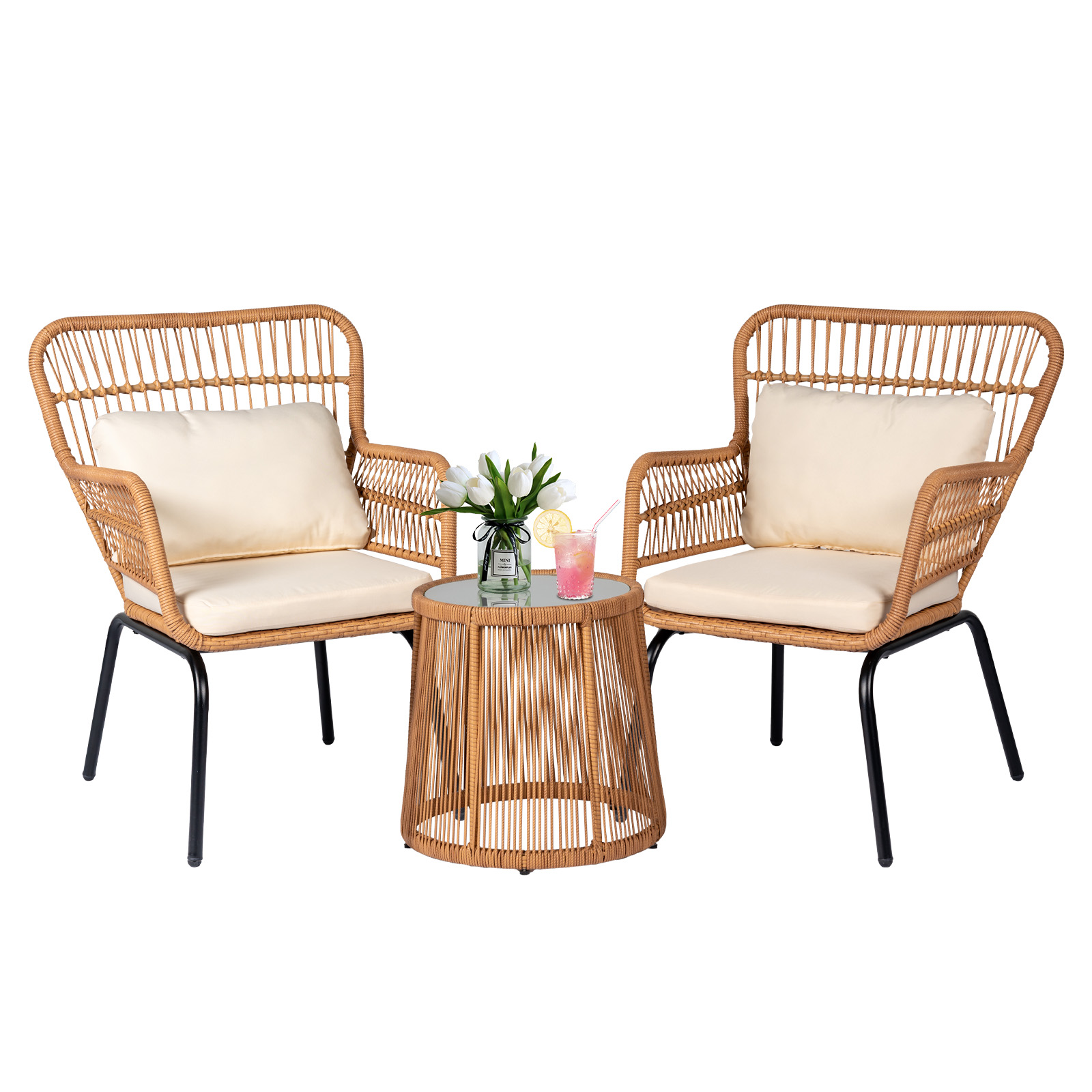 3 Pieces Modern Rattan Patio Set with Comfortable Chairs, Cushions, and Glass Coffee Table for Balcony, Front Porch, Garden, Poolside