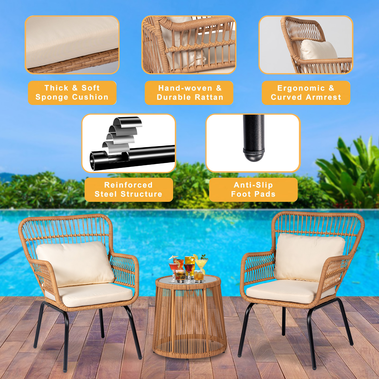 3 Pieces Modern Rattan Patio Set with Comfortable Chairs, Cushions, and Glass Coffee Table for Balcony, Front Porch, Garden, Poolside