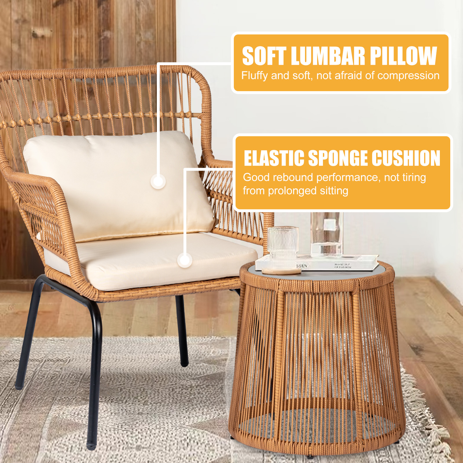 3 Pieces Modern Rattan Patio Set with Comfortable Chairs, Cushions, and Glass Coffee Table for Balcony, Front Porch, Garden, Poolside