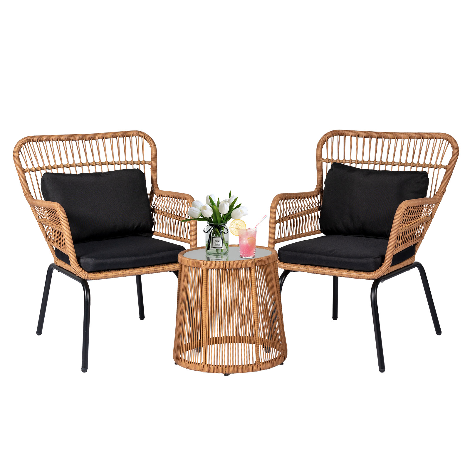 3 Pieces Modern Rattan Patio Set with Comfortable Chairs, Cushions, and Glass Coffee Table for Balcony, Front Porch, Garden, Poolside