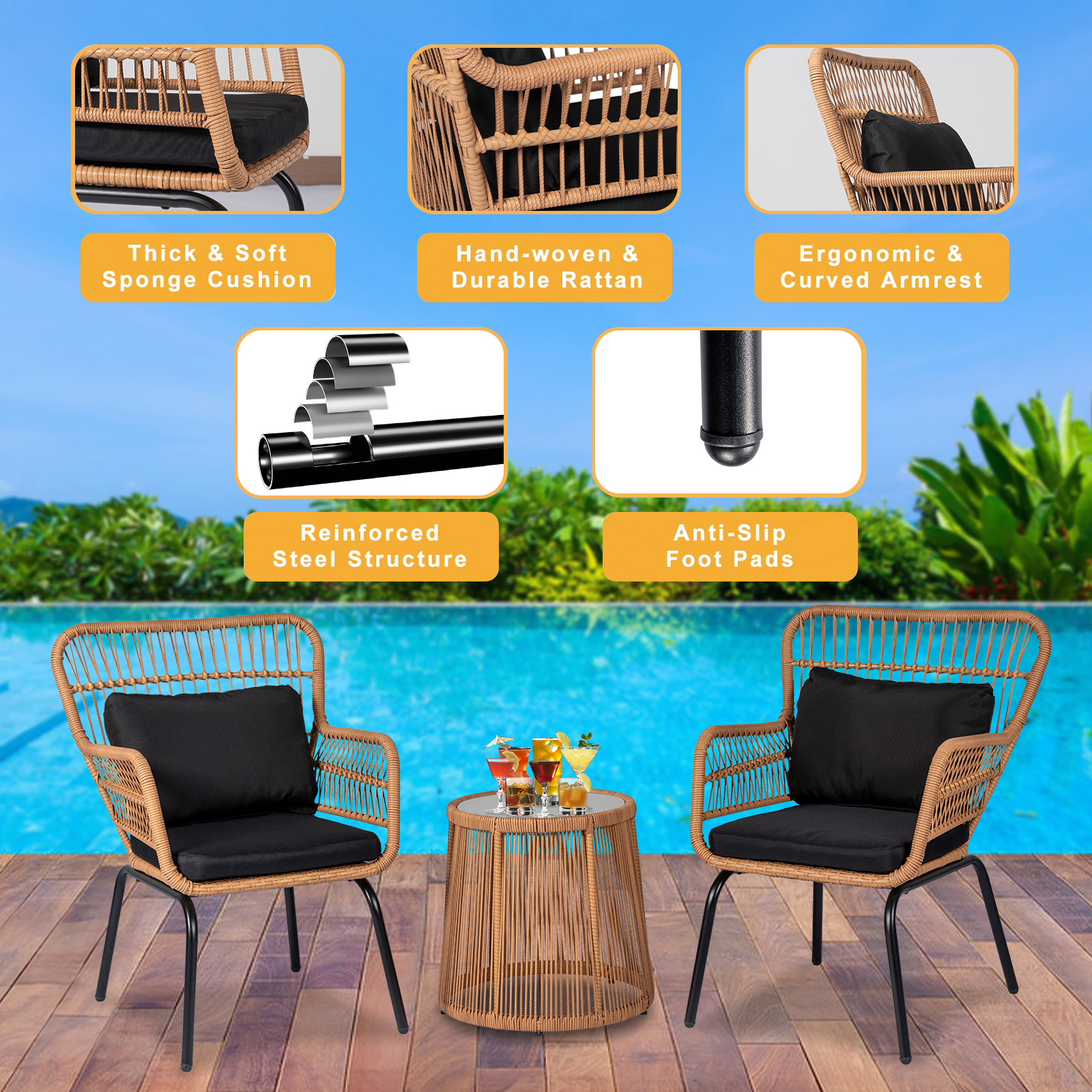 3 Pieces Modern Rattan Patio Set with Comfortable Chairs, Cushions, and Glass Coffee Table for Balcony, Front Porch, Garden, Poolside
