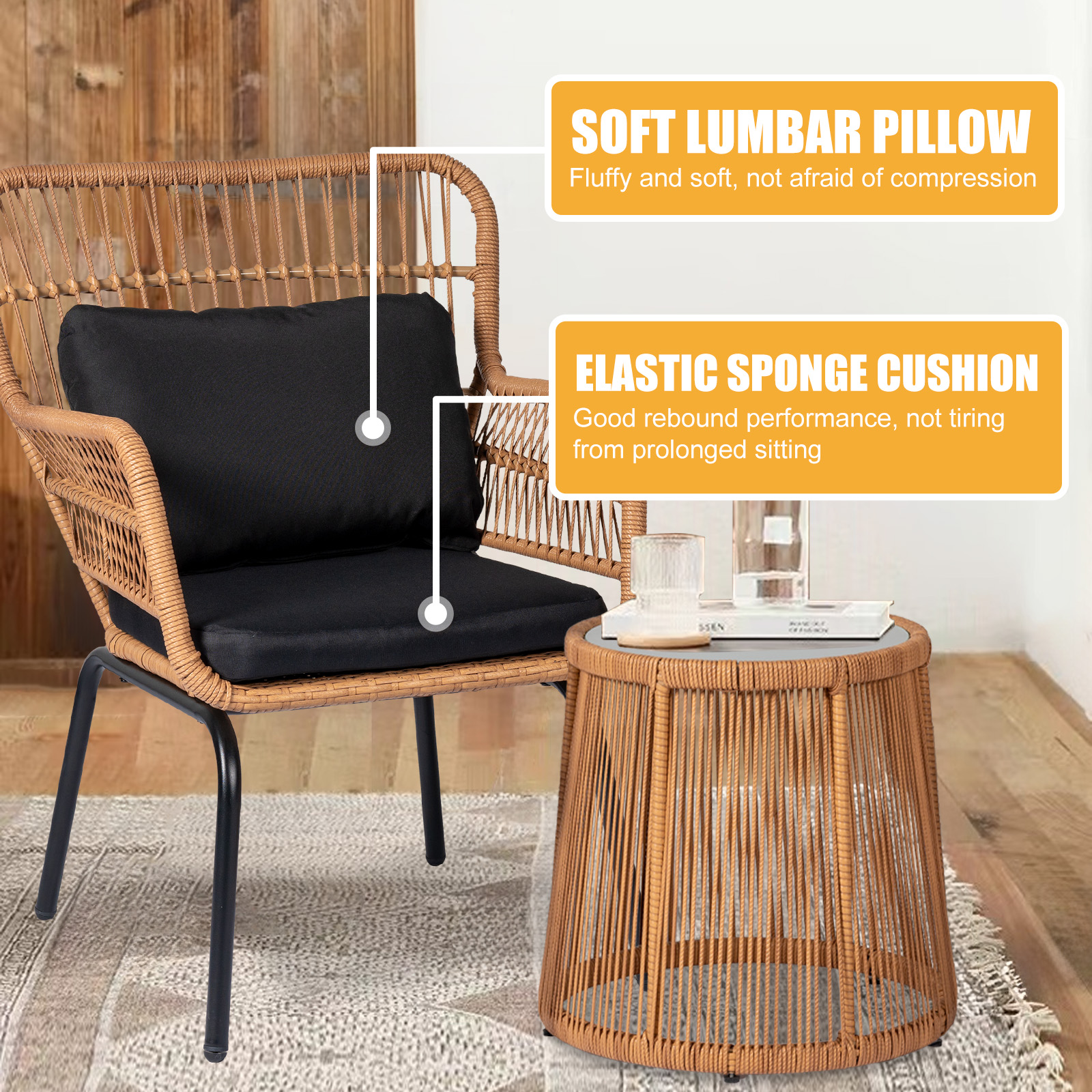 3 Pieces Modern Rattan Patio Set with Comfortable Chairs, Cushions, and Glass Coffee Table for Balcony, Front Porch, Garden, Poolside
