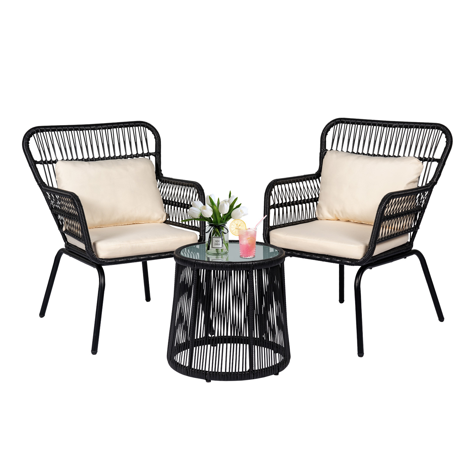 3 Pieces Modern Rattan Patio Set with Comfortable Chairs, Cushions, and Glass Coffee Table for Balcony, Front Porch, Garden, Poolside