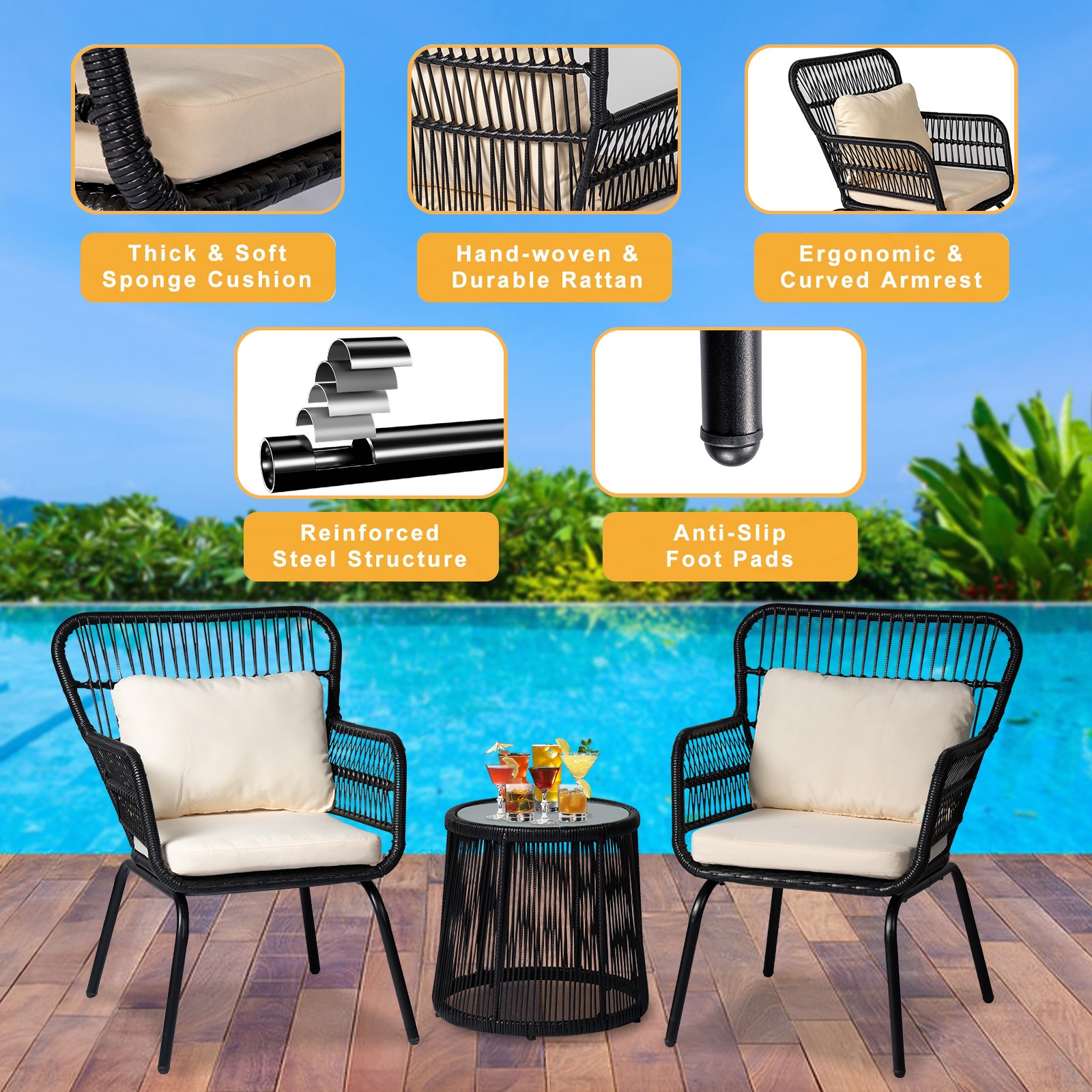 3 Pieces Modern Rattan Patio Set with Comfortable Chairs, Cushions, and Glass Coffee Table for Balcony, Front Porch, Garden, Poolside