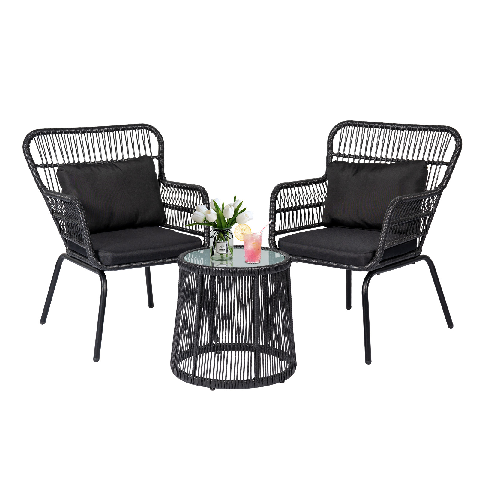 3 Pieces Modern Rattan Patio Set with Comfortable Chairs, Cushions, and Glass Coffee Table for Balcony, Front Porch, Garden, Poolside