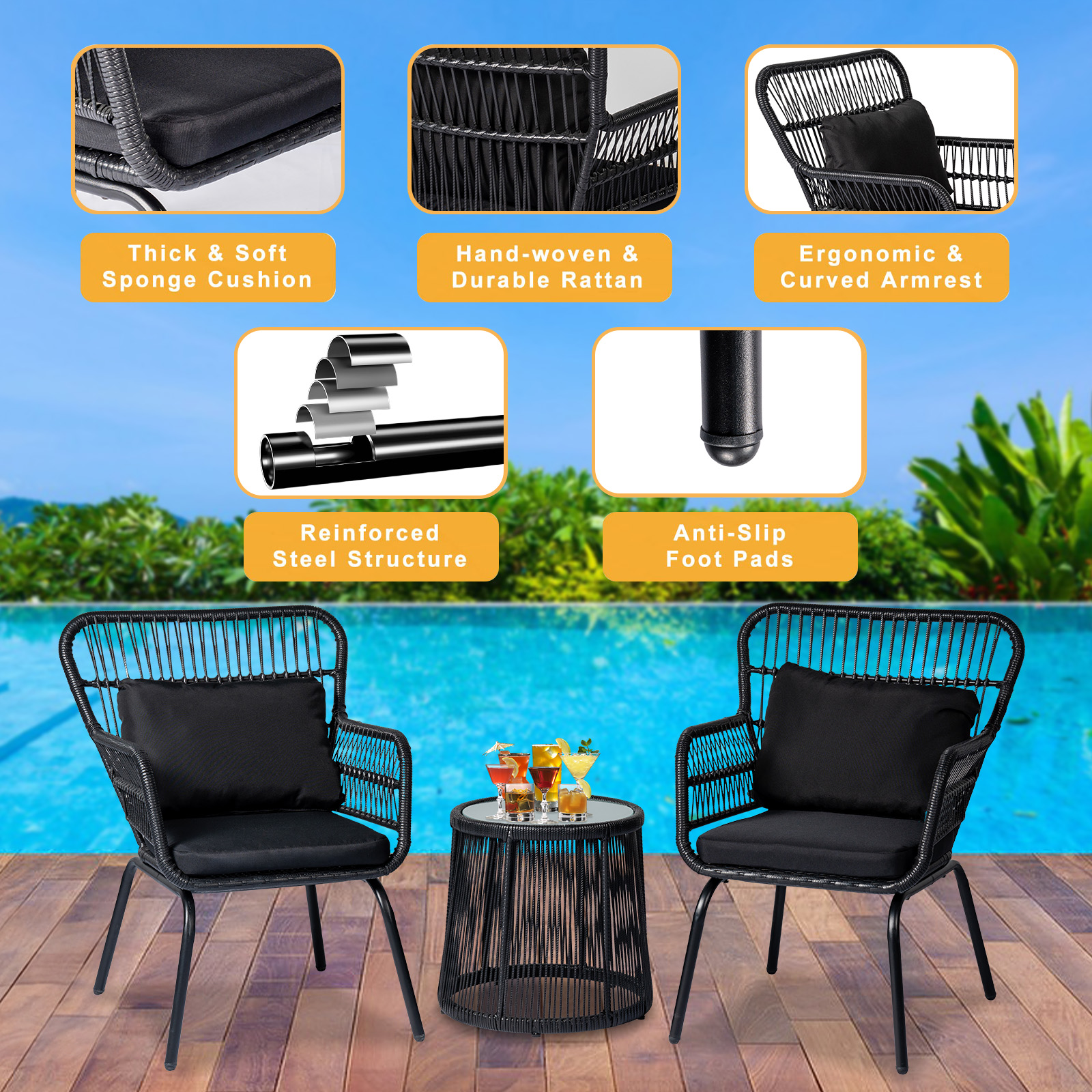 3 Pieces Modern Rattan Patio Set with Comfortable Chairs, Cushions, and Glass Coffee Table for Balcony, Front Porch, Garden, Poolside