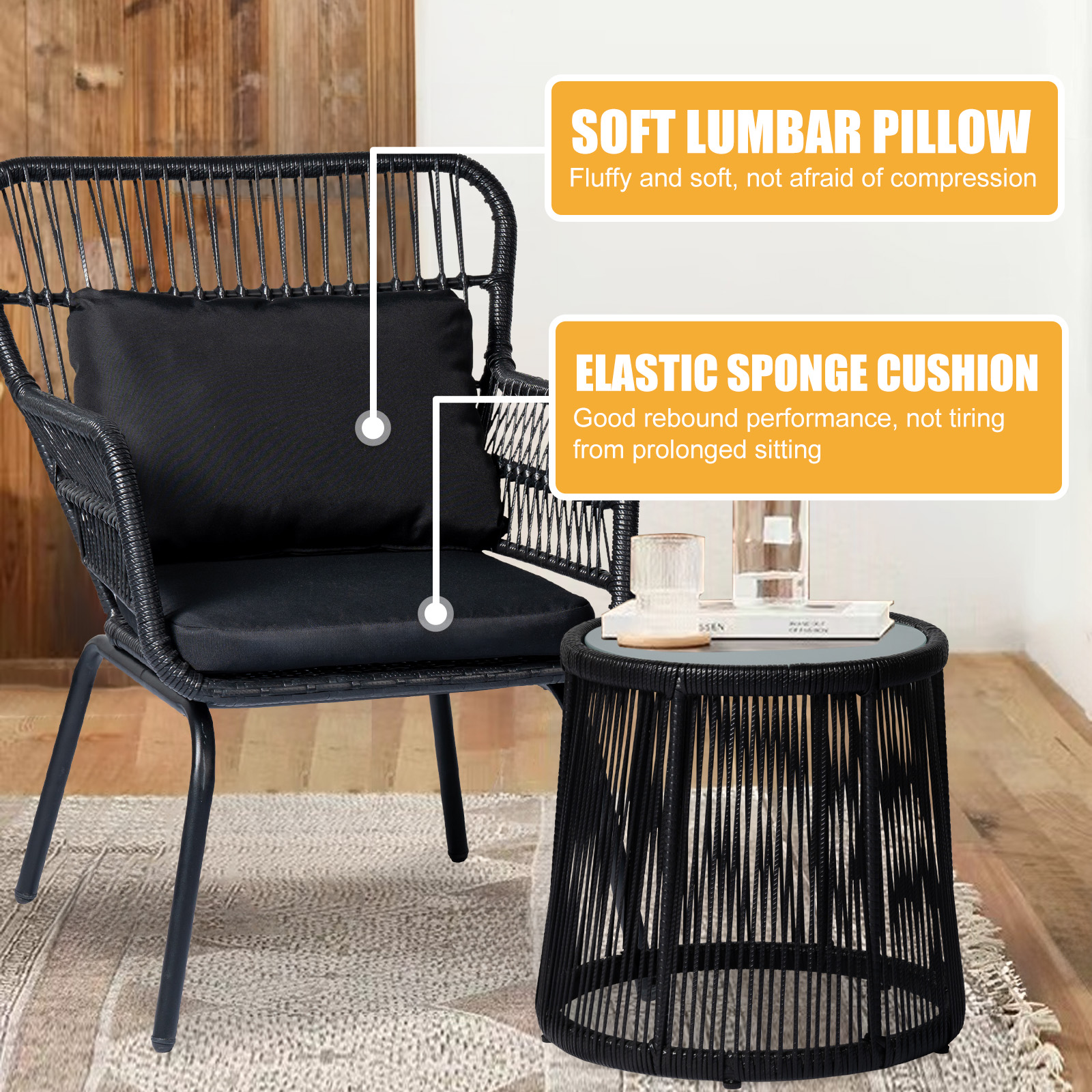 3 Pieces Modern Rattan Patio Set with Comfortable Chairs, Cushions, and Glass Coffee Table for Balcony, Front Porch, Garden, Poolside