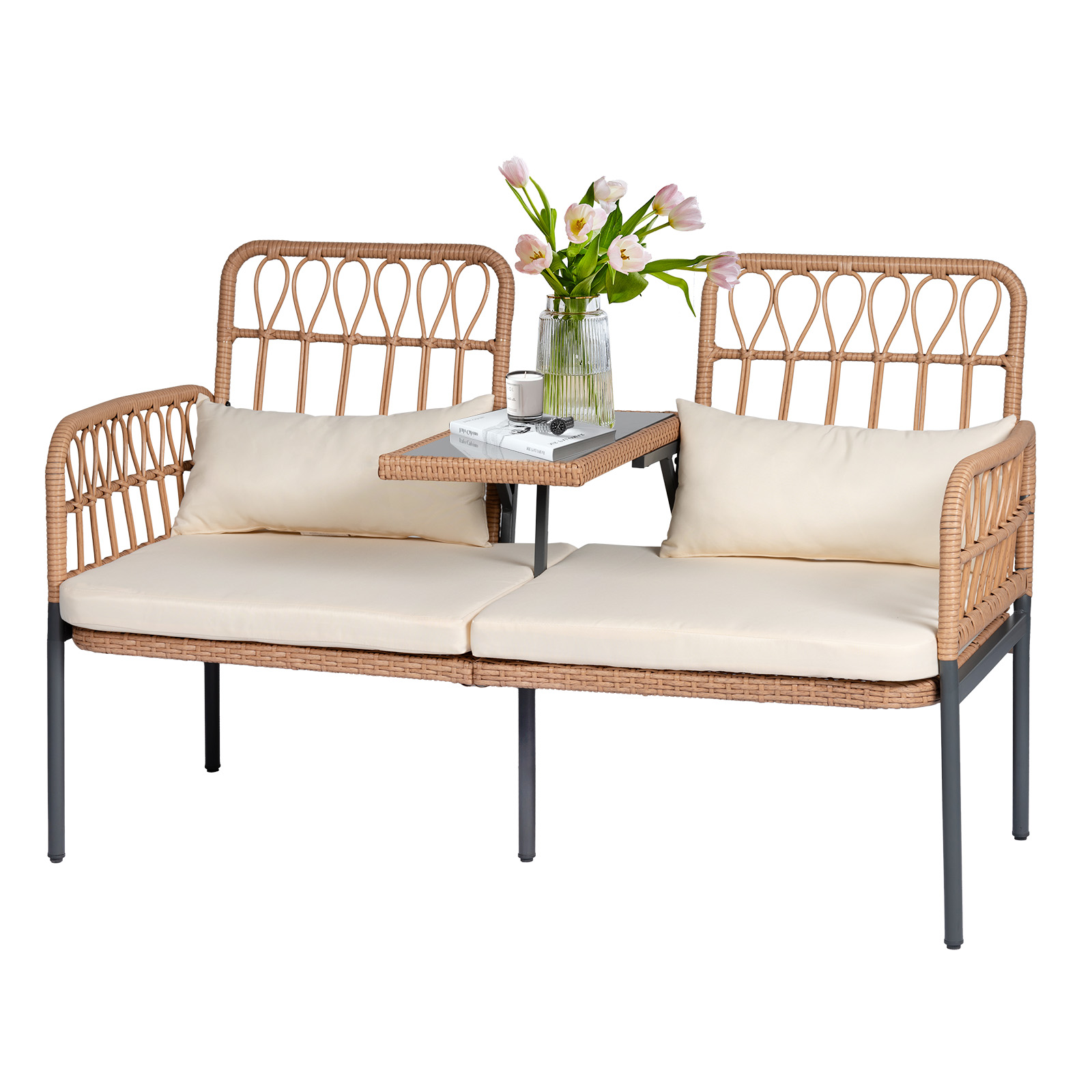 Outdoor Rattan Loveseat with Table Contemporary Outdoor Rattan Patio Set with Cushions and Glass Coffee Table - Perfect for Balcony, Lawn, Garden, Backyard