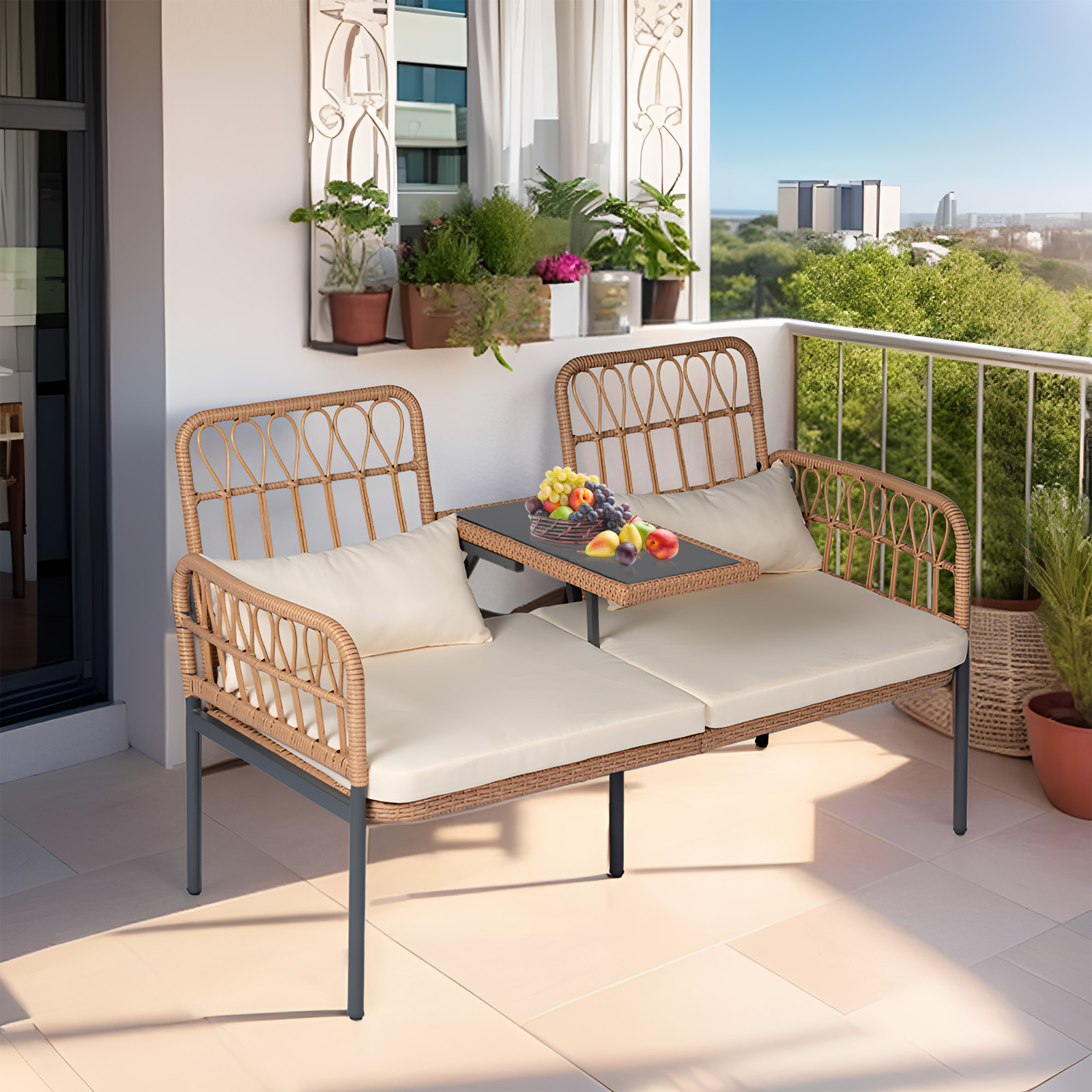 Outdoor Rattan Loveseat with Table Contemporary Outdoor Rattan Patio Set with Cushions and Glass Coffee Table - Perfect for Balcony, Lawn, Garden, Backyard