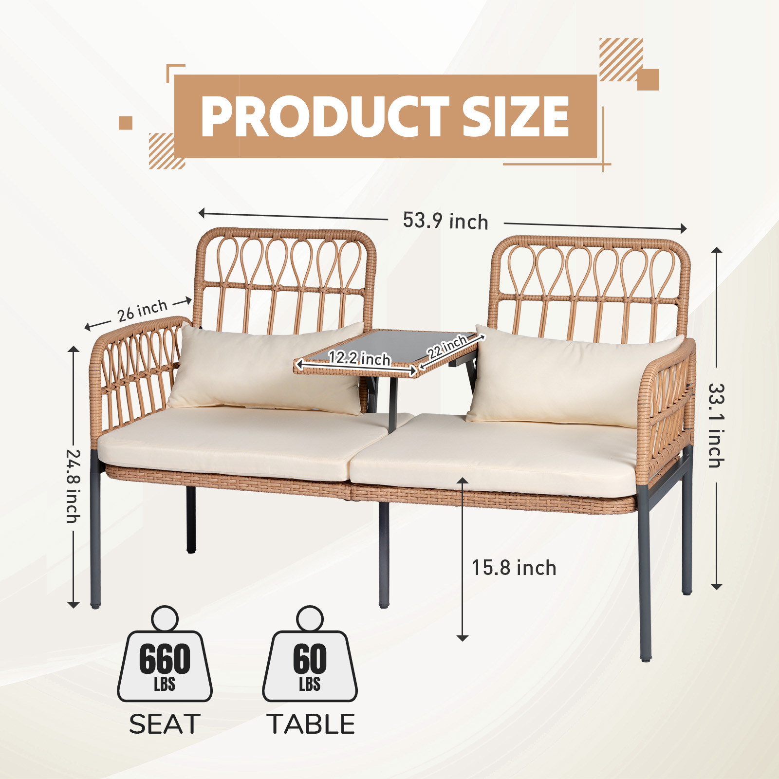 Outdoor Rattan Loveseat with Table Contemporary Outdoor Rattan Patio Set with Cushions and Glass Coffee Table - Perfect for Balcony, Lawn, Garden, Backyard