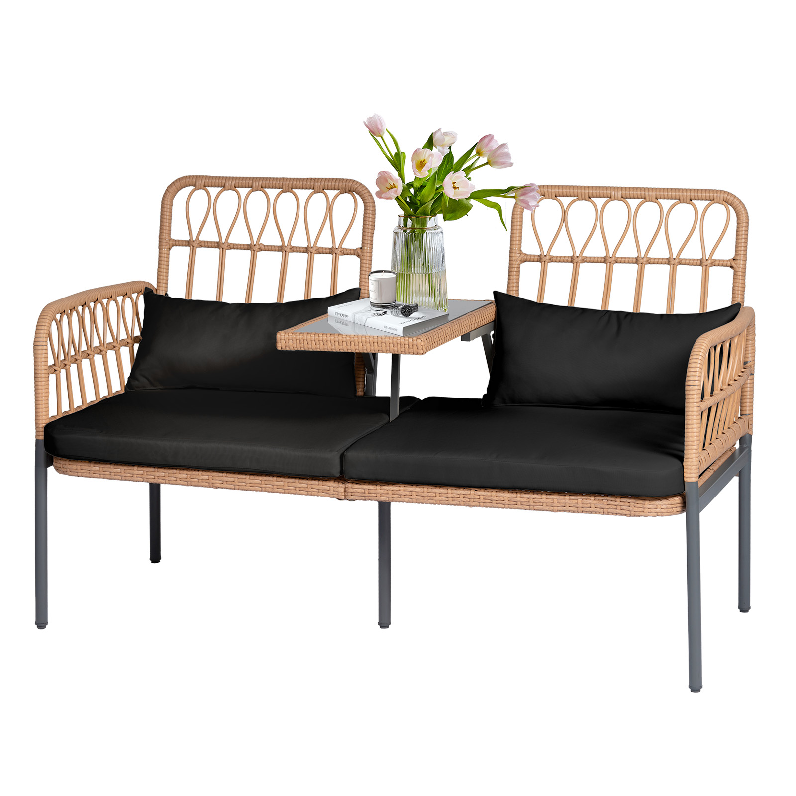 Outdoor Rattan Loveseat with Table Contemporary Outdoor Rattan Patio Set with Cushions and Glass Coffee Table - Perfect for Balcony, Lawn, Garden, Backyard