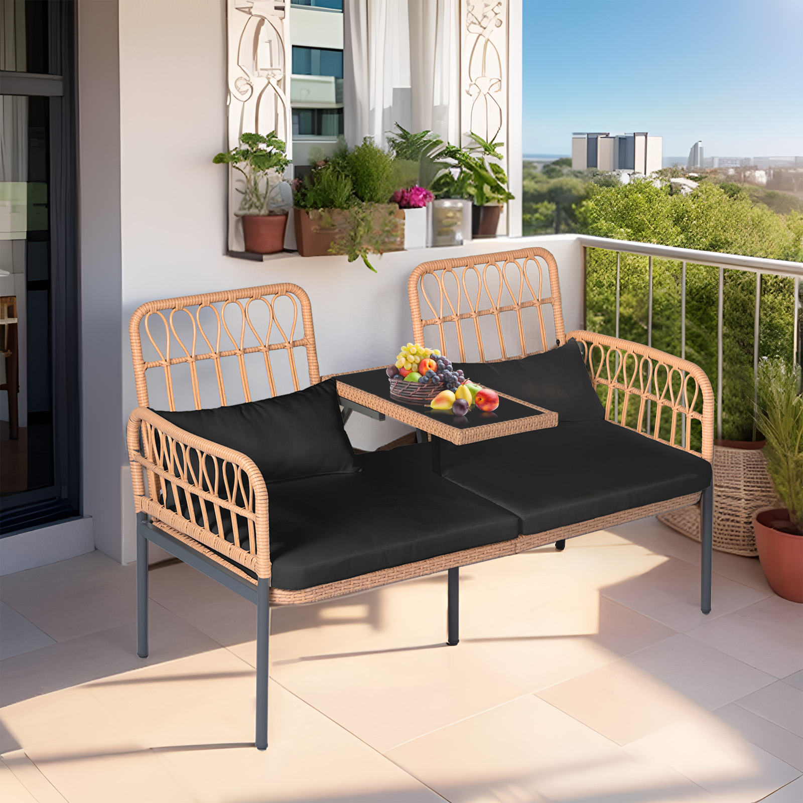 Outdoor Rattan Loveseat with Table Contemporary Outdoor Rattan Patio Set with Cushions and Glass Coffee Table - Perfect for Balcony, Lawn, Garden, Backyard