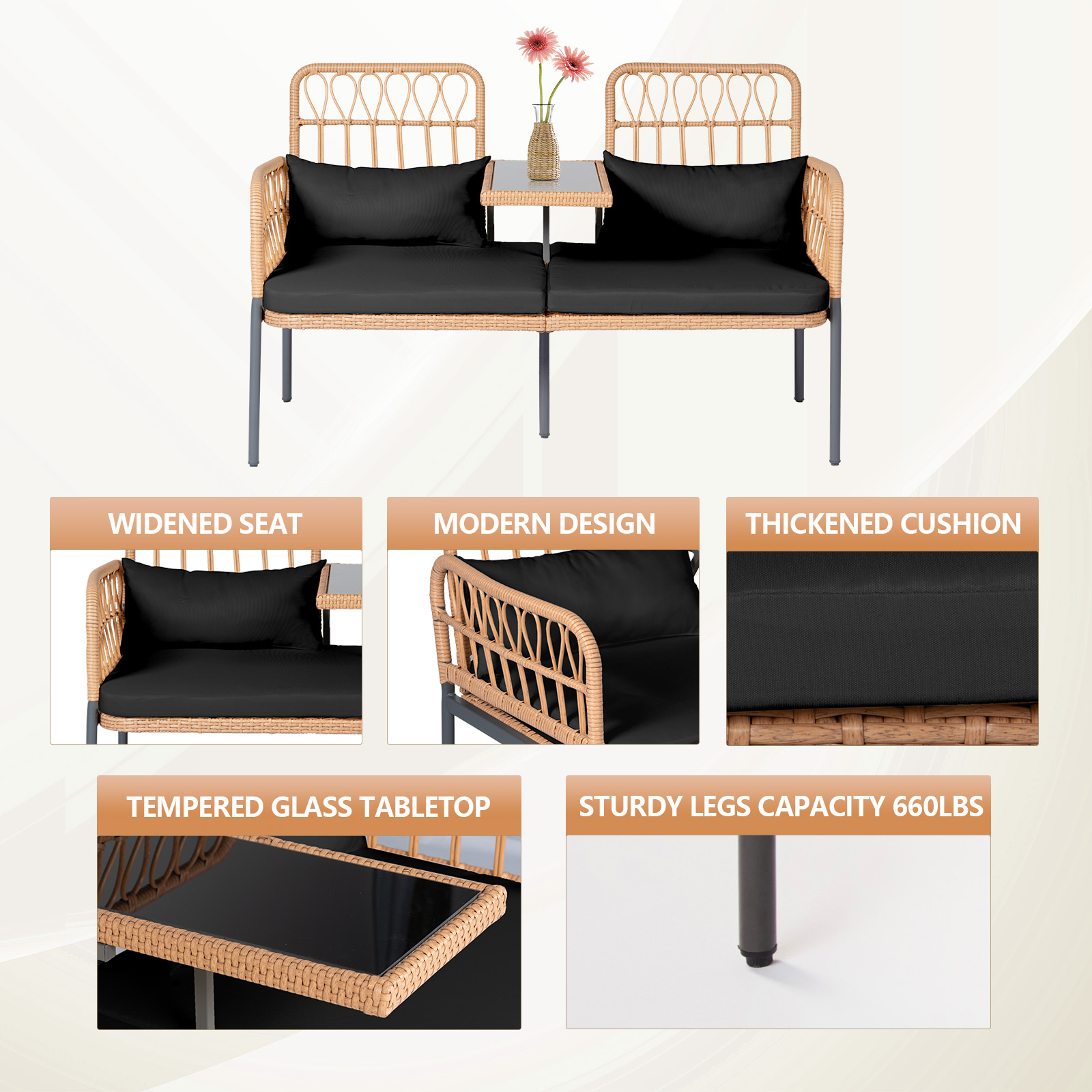 Outdoor Rattan Loveseat with Table Contemporary Outdoor Rattan Patio Set with Cushions and Glass Coffee Table - Perfect for Balcony, Lawn, Garden, Backyard