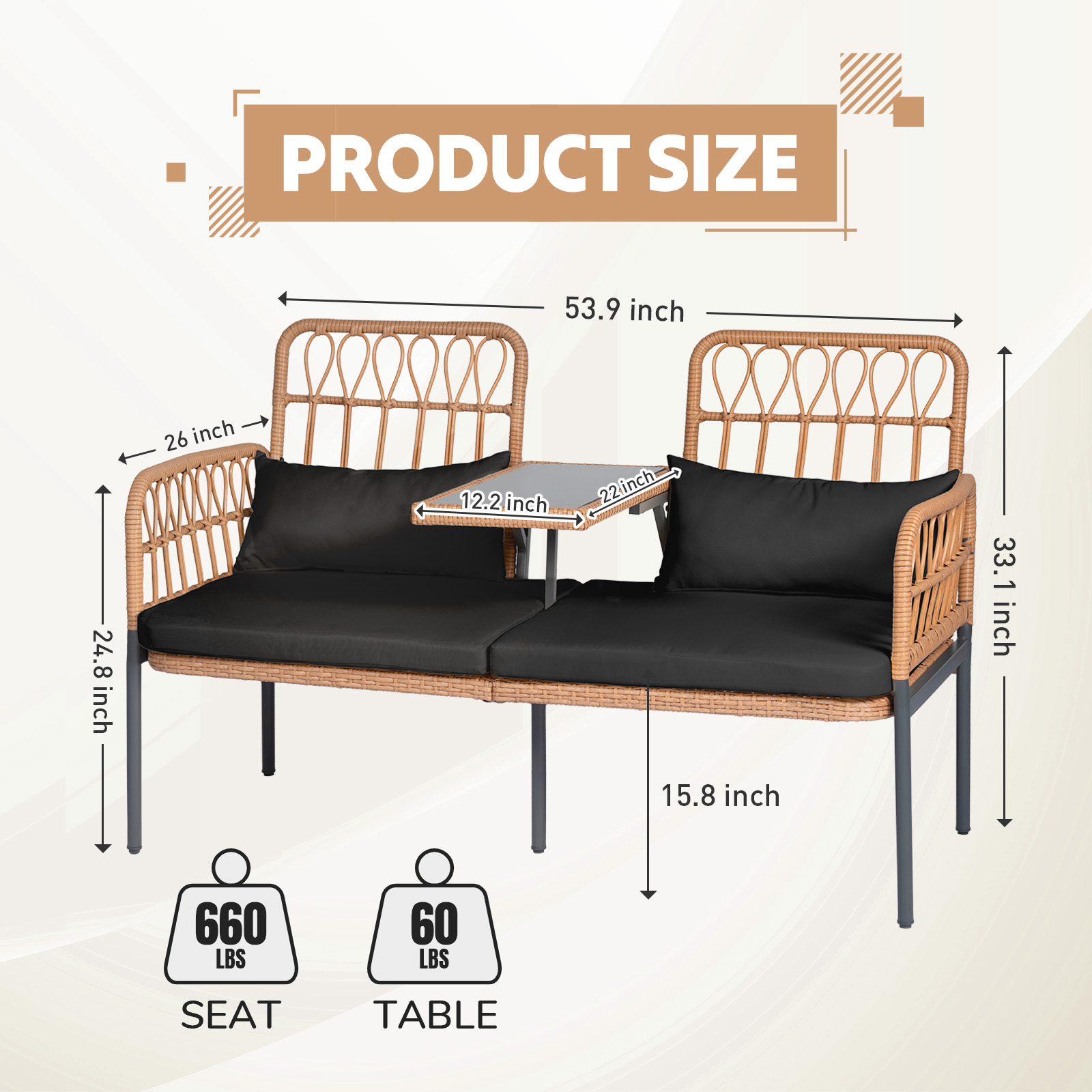 Outdoor Rattan Loveseat with Table Contemporary Outdoor Rattan Patio Set with Cushions and Glass Coffee Table - Perfect for Balcony, Lawn, Garden, Backyard