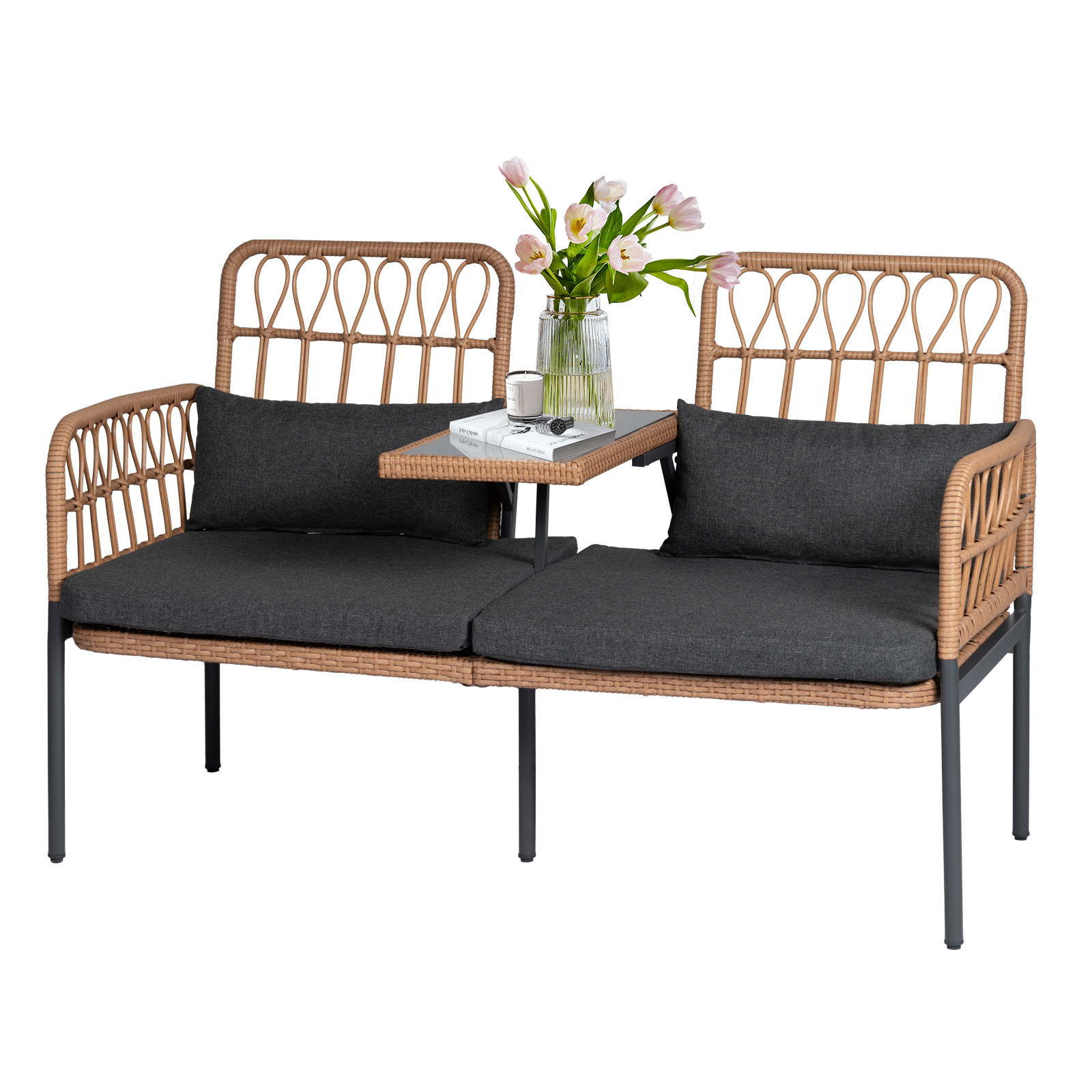 Outdoor Rattan Loveseat with Table Contemporary Outdoor Rattan Patio Set with Cushions and Glass Coffee Table - Perfect for Balcony, Lawn, Garden, Backyard