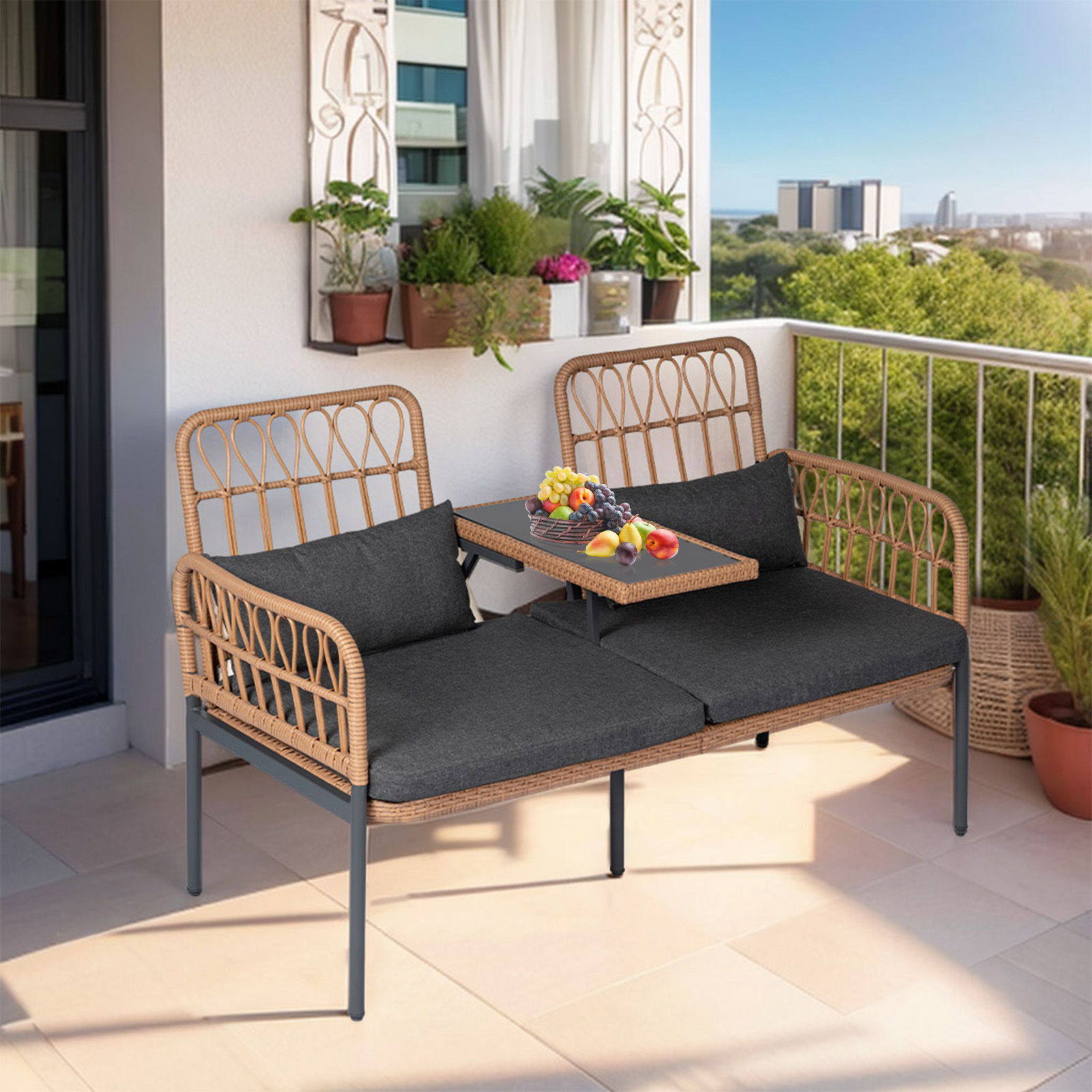 Outdoor Rattan Loveseat with Table Contemporary Outdoor Rattan Patio Set with Cushions and Glass Coffee Table - Perfect for Balcony, Lawn, Garden, Backyard