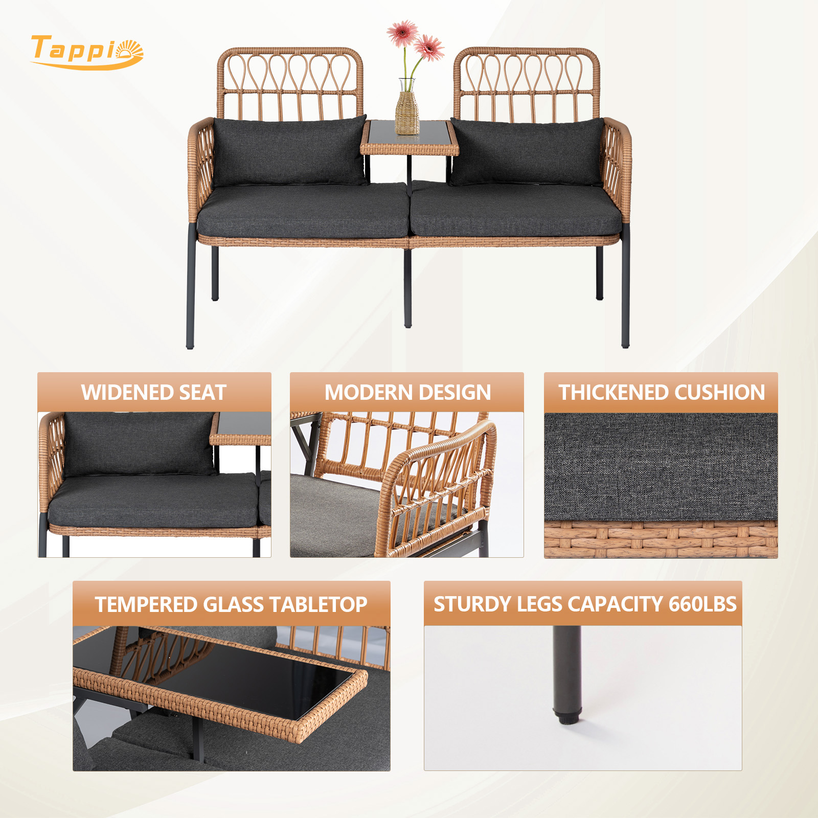 Outdoor Rattan Loveseat with Table Contemporary Outdoor Rattan Patio Set with Cushions and Glass Coffee Table - Perfect for Balcony, Lawn, Garden, Backyard
