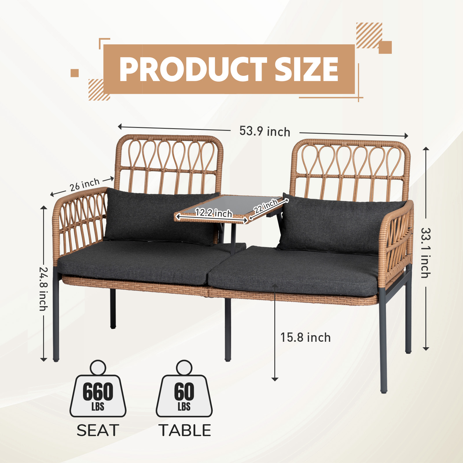 Outdoor Rattan Loveseat with Table Contemporary Outdoor Rattan Patio Set with Cushions and Glass Coffee Table - Perfect for Balcony, Lawn, Garden, Backyard