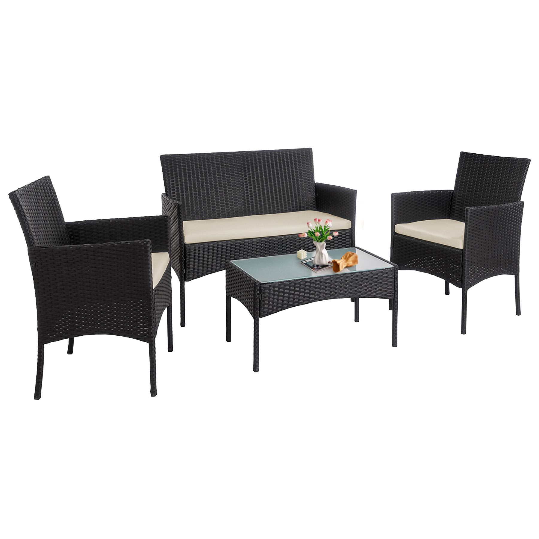Tappio 4-Piece Wicker Patio Set with Cushions and Glass Table for Outdoor Relaxation Outdoor Bistro Set Wicker Furniture Porch Chairs Conversation Sets 