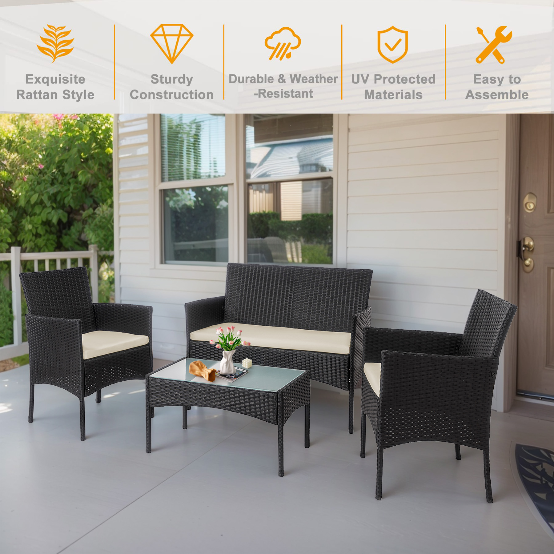 Tappio 4-Piece Wicker Patio Set with Cushions and Glass Table for Outdoor Relaxation Outdoor Bistro Set Wicker Furniture Porch Chairs Conversation Sets 