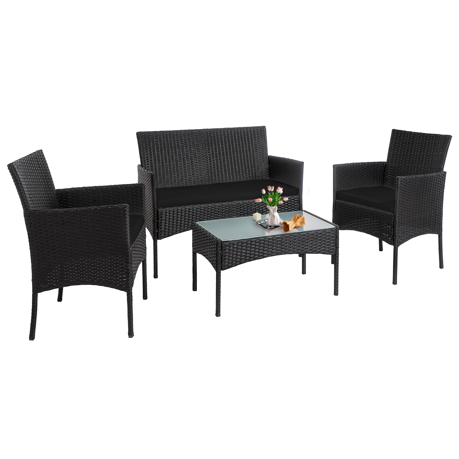 Tappio 4-Piece Wicker Patio Set with Cushions and Glass Table for Outdoor Relaxation Outdoor Bistro Set Wicker Furniture Porch Chairs Conversation Sets 