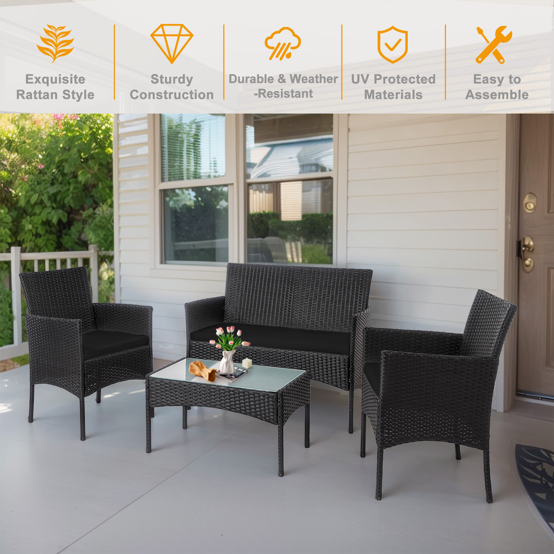 Tappio 4-Piece Wicker Patio Set with Cushions and Glass Table for Outdoor Relaxation Outdoor Bistro Set Wicker Furniture Porch Chairs Conversation Sets 