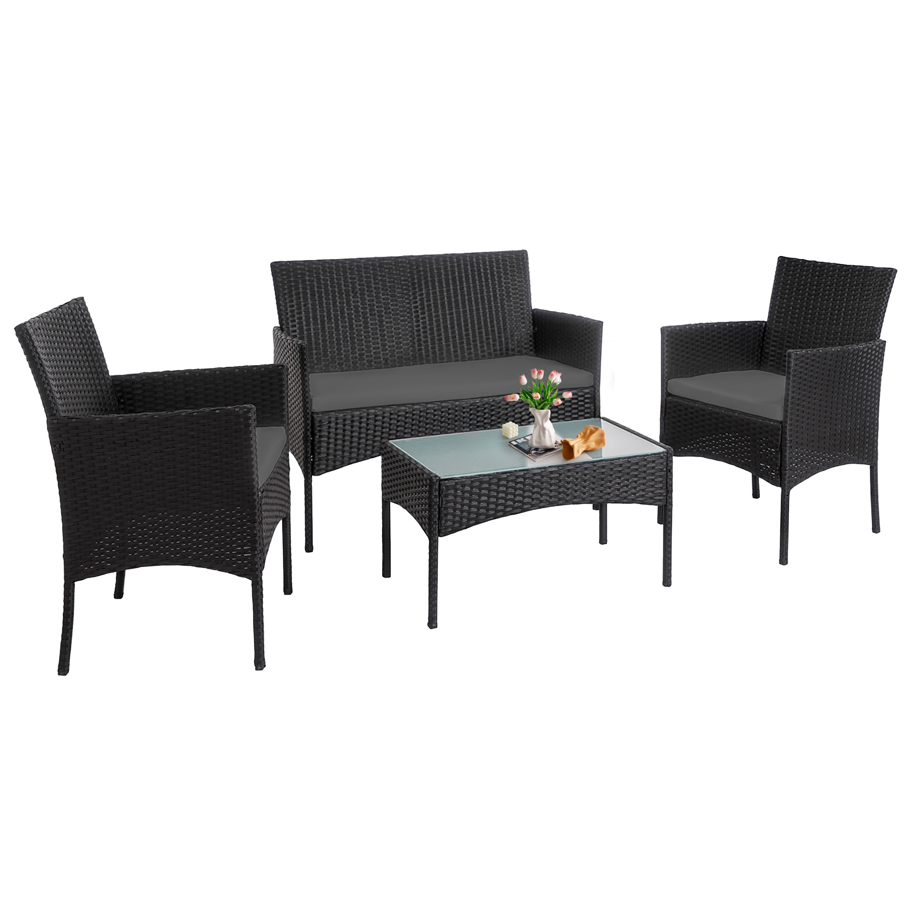 Tappio 4-Piece Wicker Patio Set with Cushions and Glass Table for Outdoor Relaxation Outdoor Bistro Set Wicker Furniture Porch Chairs Conversation Sets 