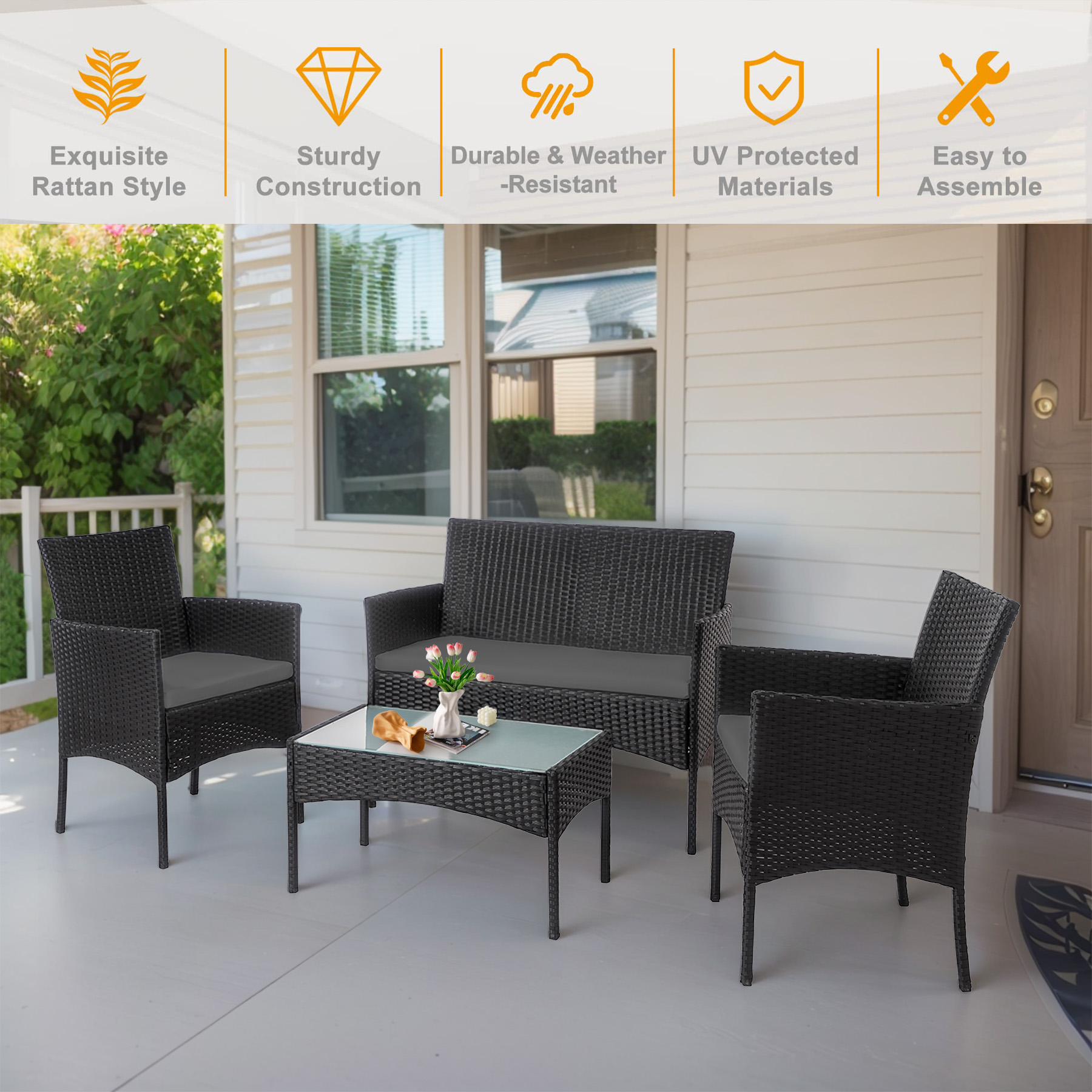 Tappio 4-Piece Wicker Patio Set with Cushions and Glass Table for Outdoor Relaxation Outdoor Bistro Set Wicker Furniture Porch Chairs Conversation Sets 