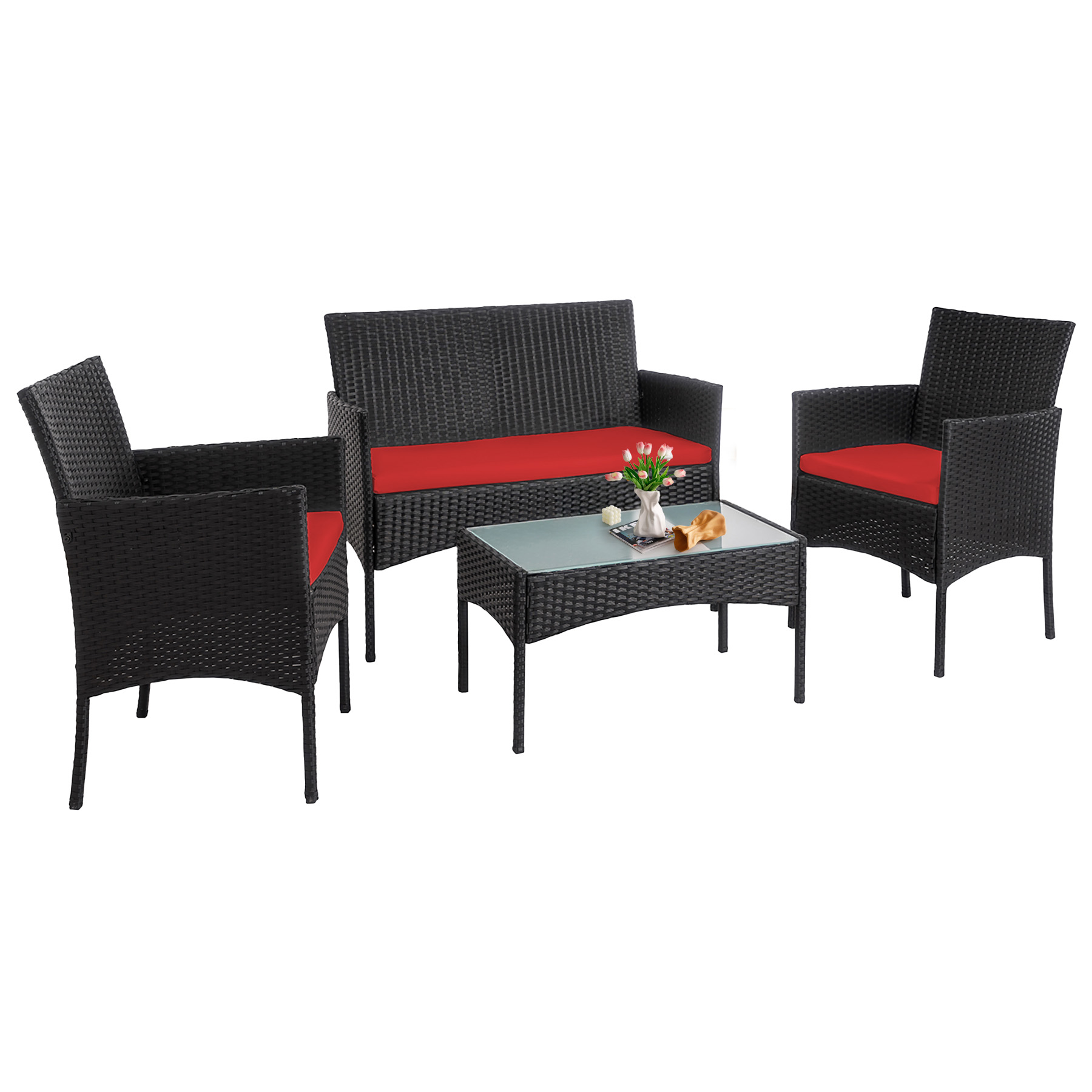 Tappio 4-Piece Wicker Patio Set with Cushions and Glass Table for Outdoor Relaxation Outdoor Bistro Set Wicker Furniture Porch Chairs Conversation Sets 