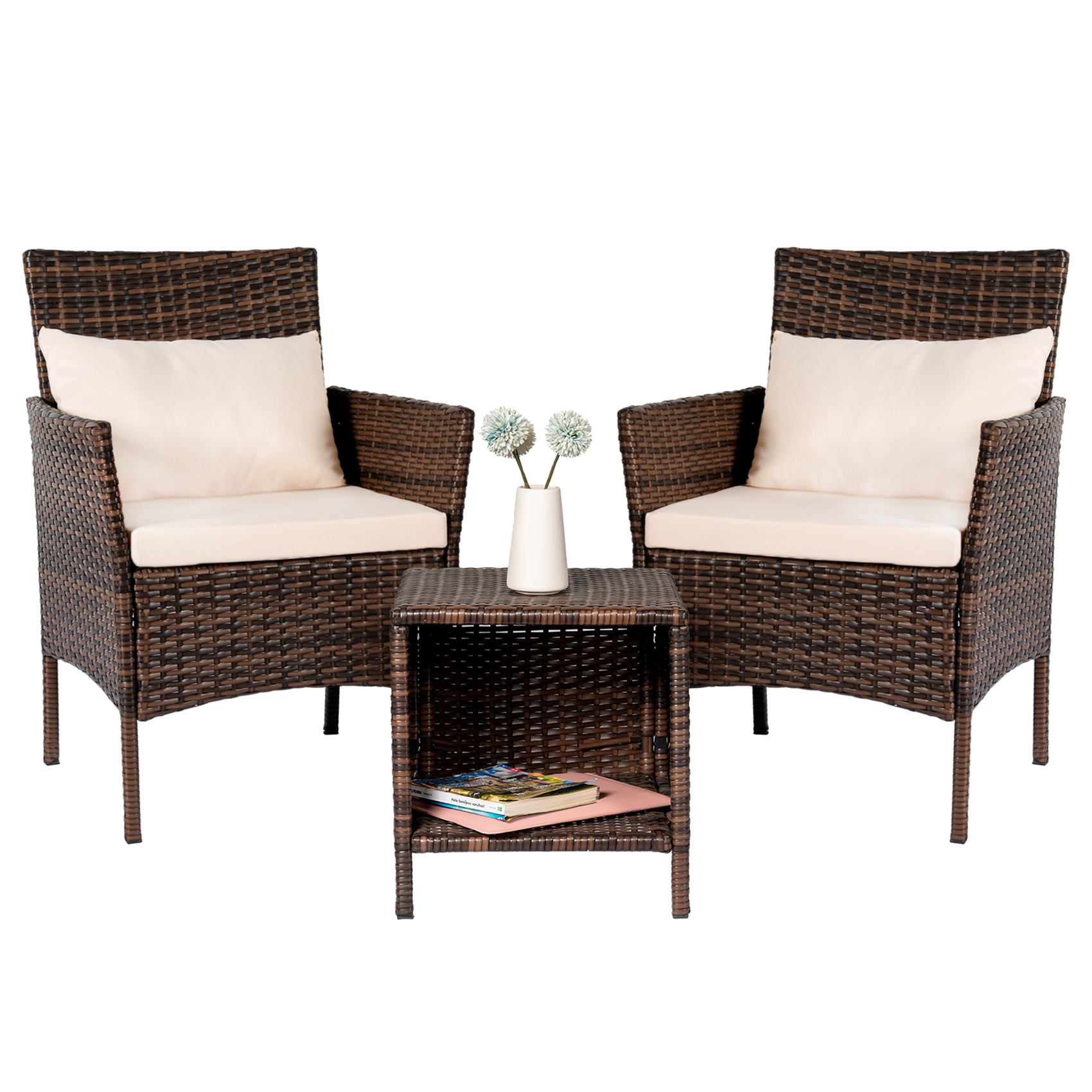 3 pieces Contemporary Outdoor Rattan Patio Set with Cushions and Glass Coffee Table for Balcony, Lawn, Garden, Backyard Elegant Outdoor Wicker Patio Set with Cushions and Tempered Glass Coffee Table