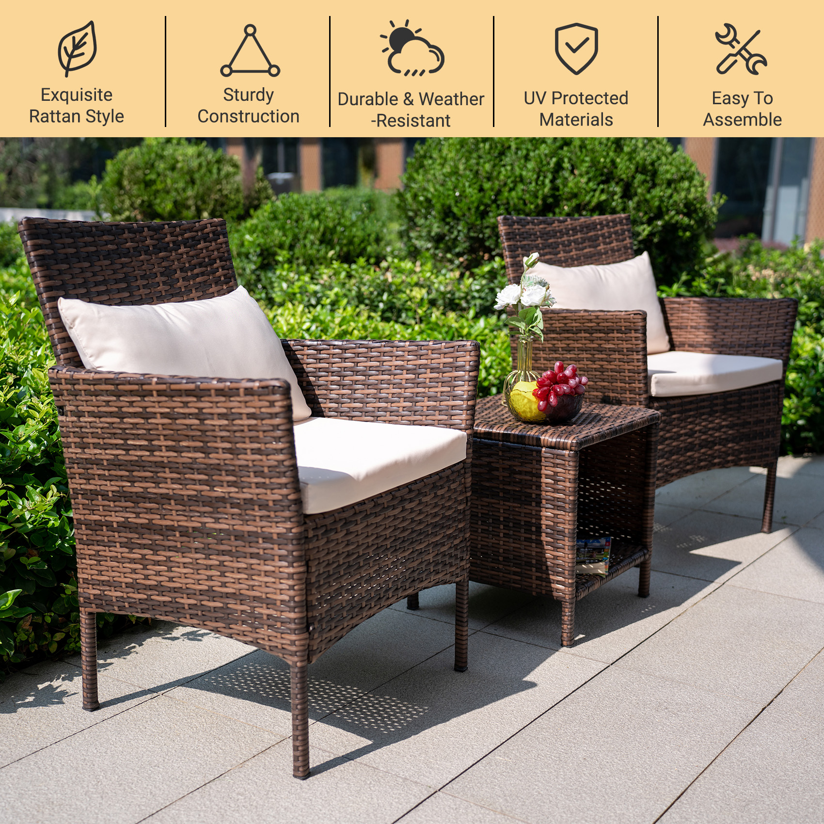 3 pieces Contemporary Outdoor Rattan Patio Set with Cushions and Glass Coffee Table for Balcony, Lawn, Garden, Backyard Elegant Outdoor Wicker Patio Set with Cushions and Tempered Glass Coffee Table