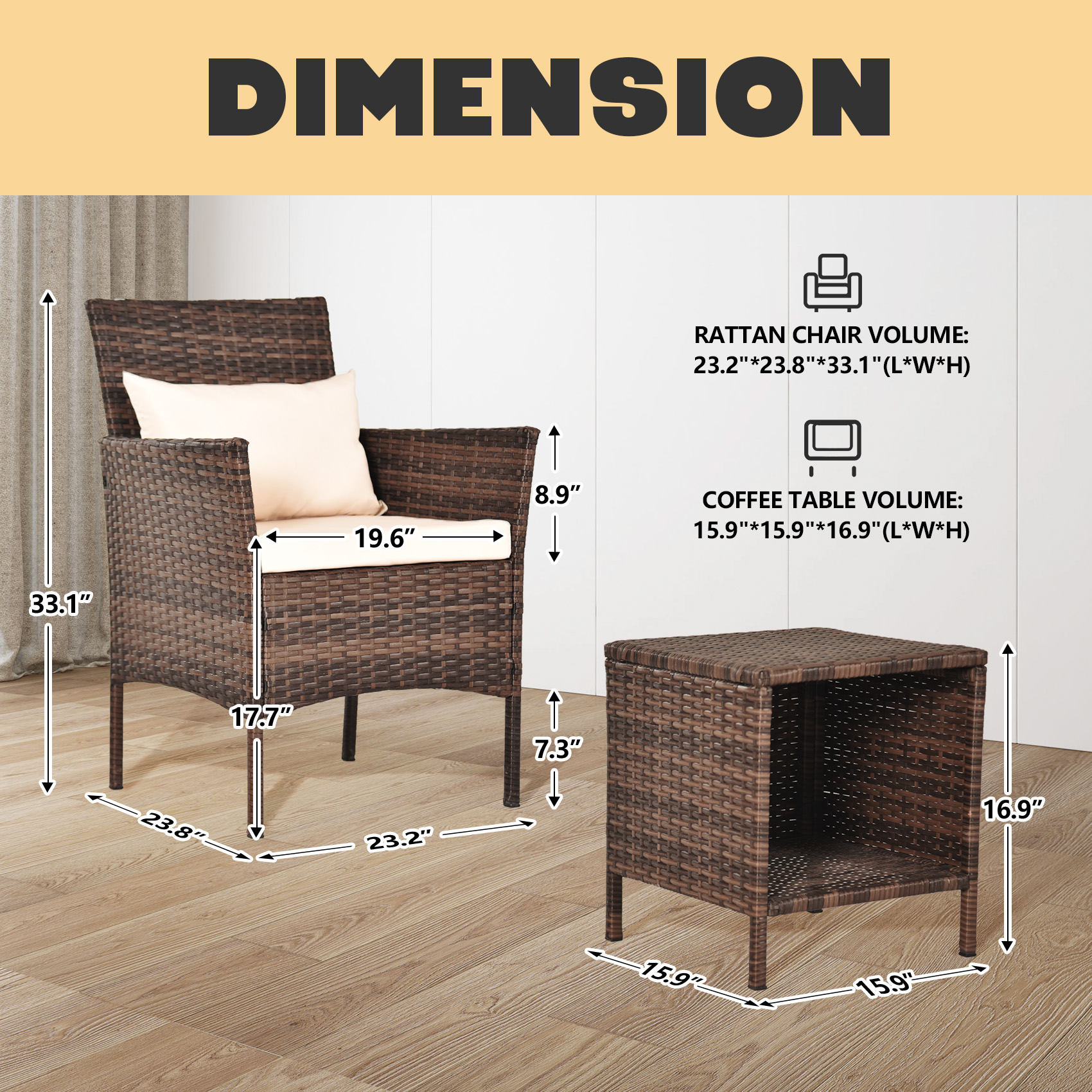 3 pieces Contemporary Outdoor Rattan Patio Set with Cushions and Glass Coffee Table for Balcony, Lawn, Garden, Backyard Elegant Outdoor Wicker Patio Set with Cushions and Tempered Glass Coffee Table
