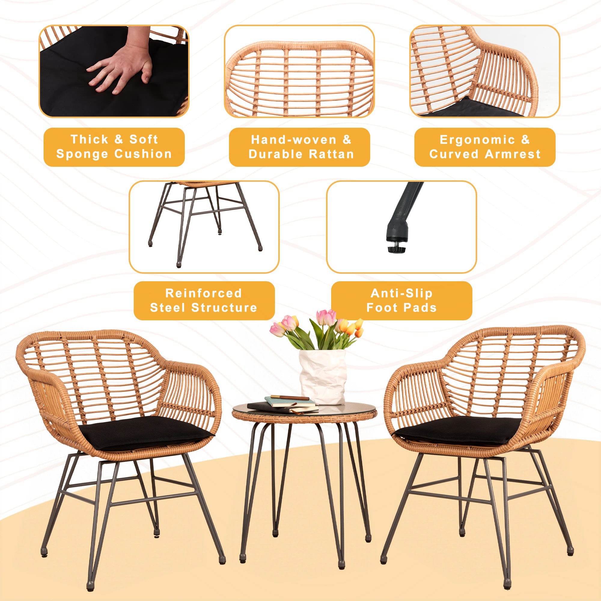 Outdoor Rattan Patio Set with modern Chairs, Cushions, and Glass Coffee Table - Conversation Furniture for Balcony, Lawn, Garden, Backyard, Black
