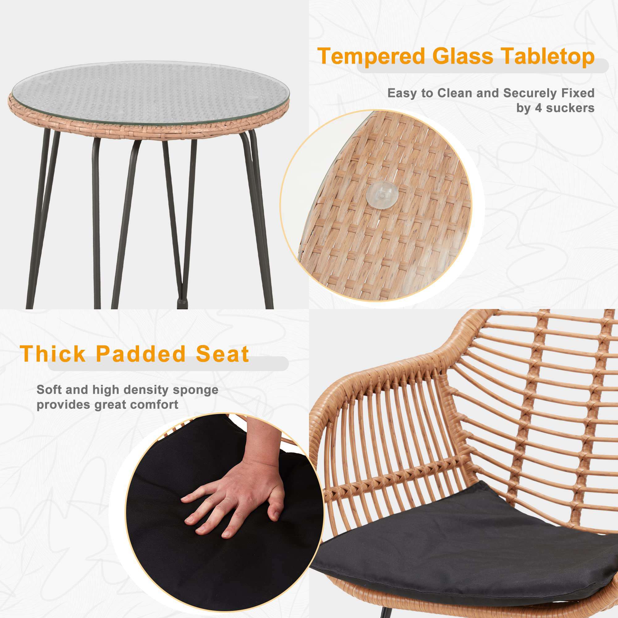 Outdoor Rattan Patio Set with modern Chairs, Cushions, and Glass Coffee Table - Conversation Furniture for Balcony, Lawn, Garden, Backyard, Black