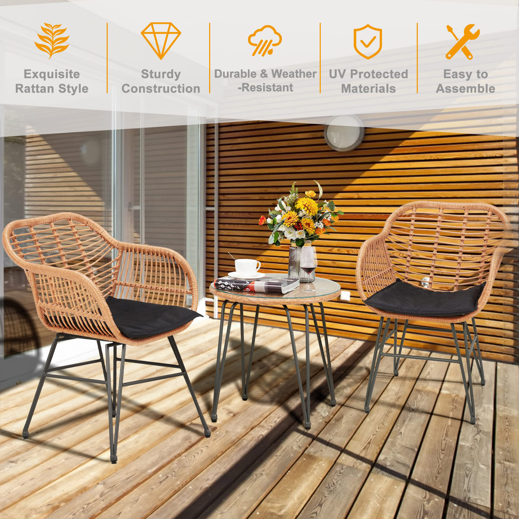 Outdoor Rattan Patio Set with modern Chairs, Cushions, and Glass Coffee Table - Conversation Furniture for Balcony, Lawn, Garden, Backyard, Black