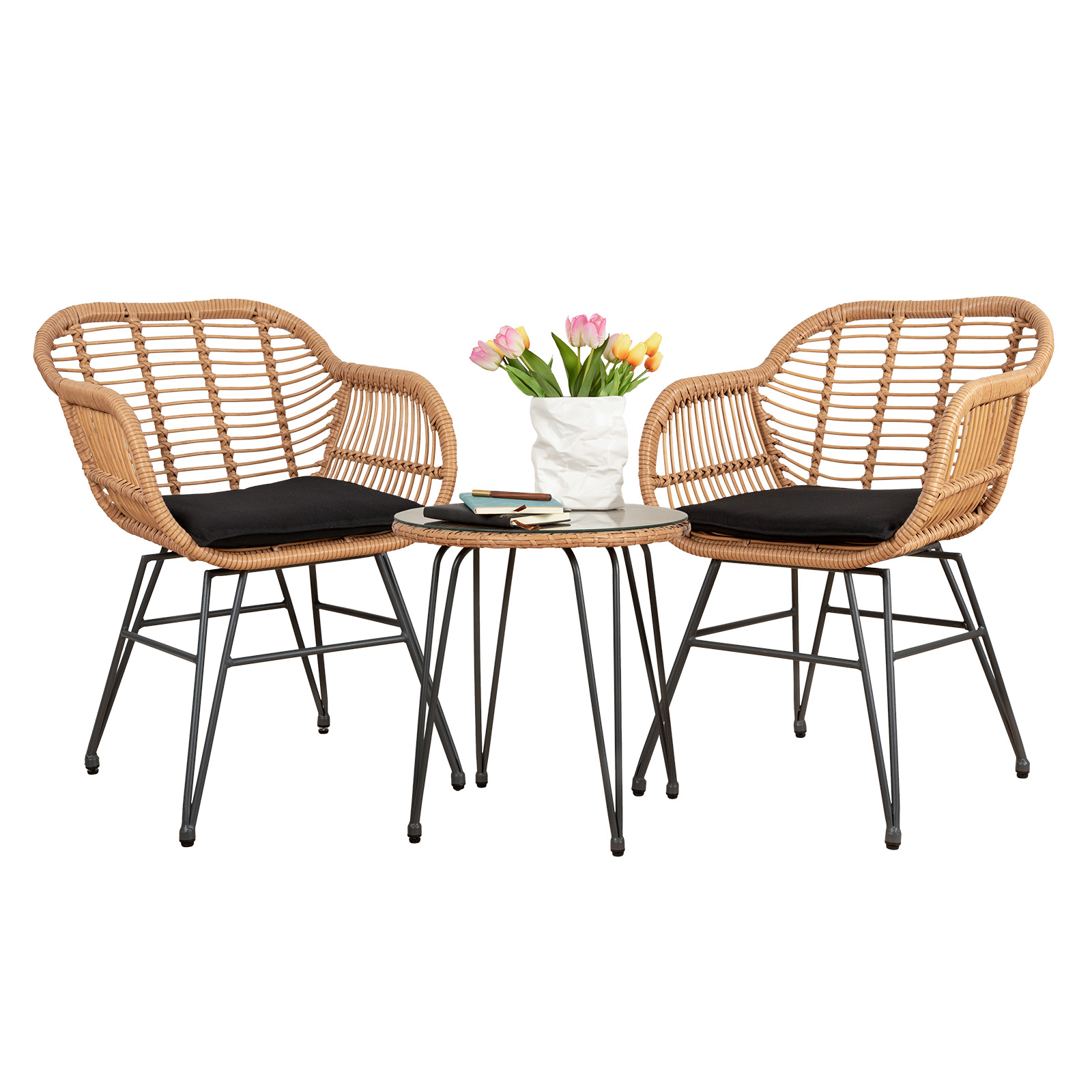Outdoor Rattan Patio Set with modern Chairs, Cushions, and Glass Coffee Table - Conversation Furniture for Balcony, Lawn, Garden, Backyard, Black