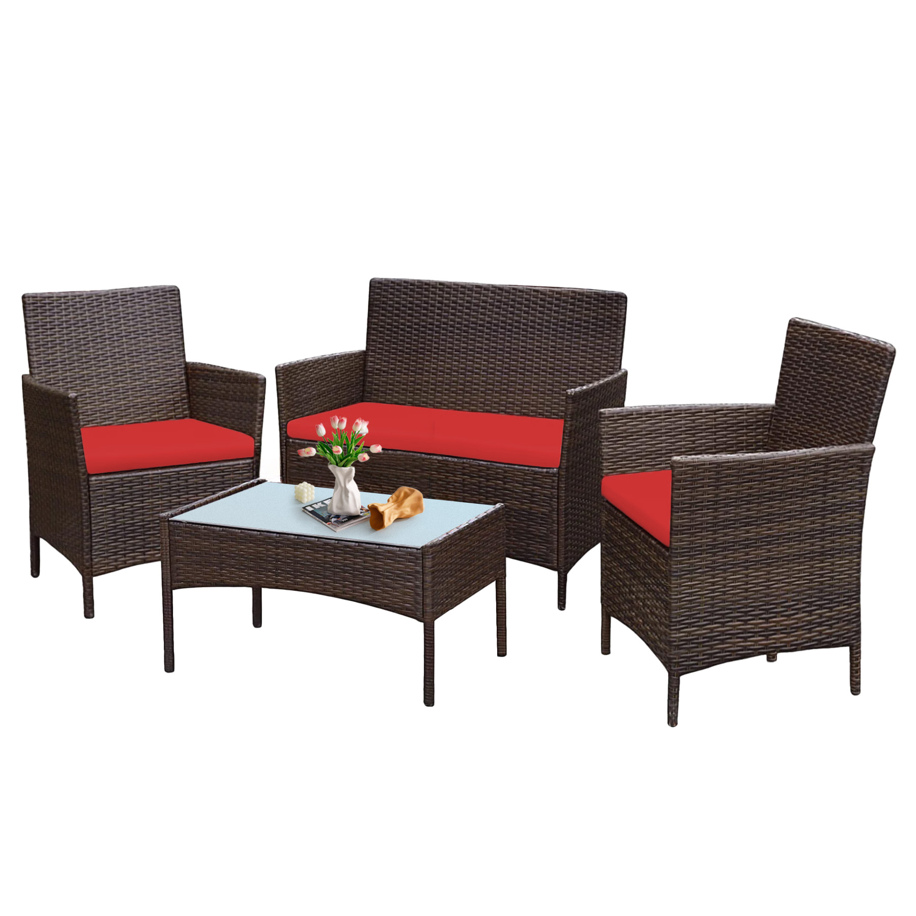 Tappio 4 PCS Outdoor Rattan Furniture Patio Conversation Set, Wicker Sofa Garden Conversation Bistro Sets for Yard, Pool or Backyard