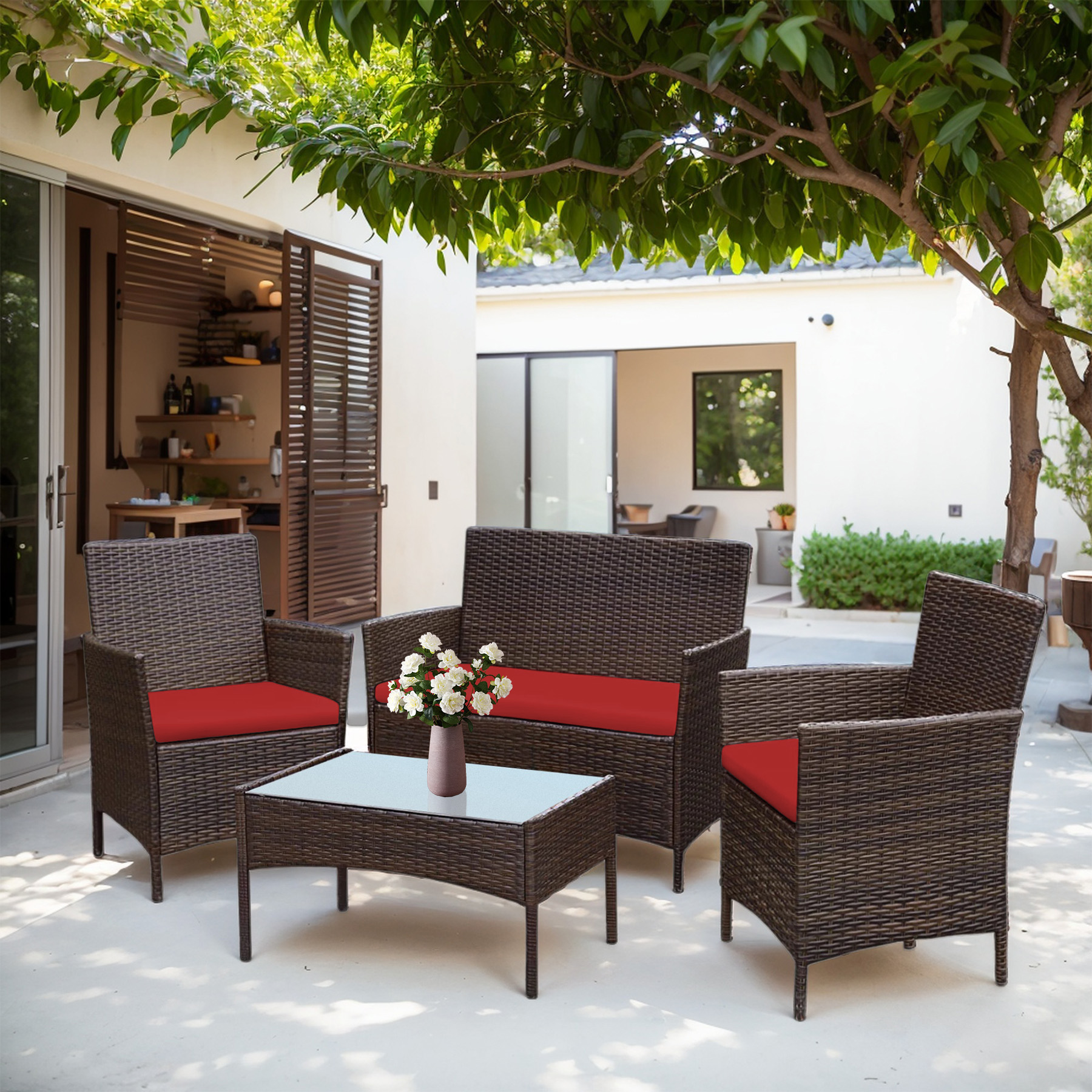 Tappio 4 PCS Outdoor Rattan Furniture Patio Conversation Set, Wicker Sofa Garden Conversation Bistro Sets for Yard, Pool or Backyard