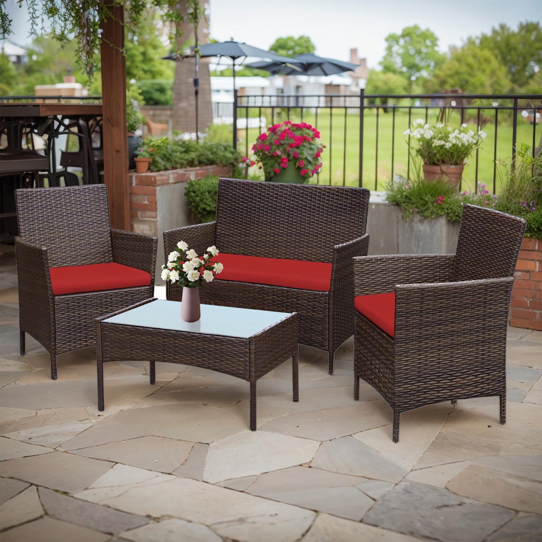 Tappio 4 PCS Outdoor Rattan Furniture Patio Conversation Set, Wicker Sofa Garden Conversation Bistro Sets for Yard, Pool or Backyard