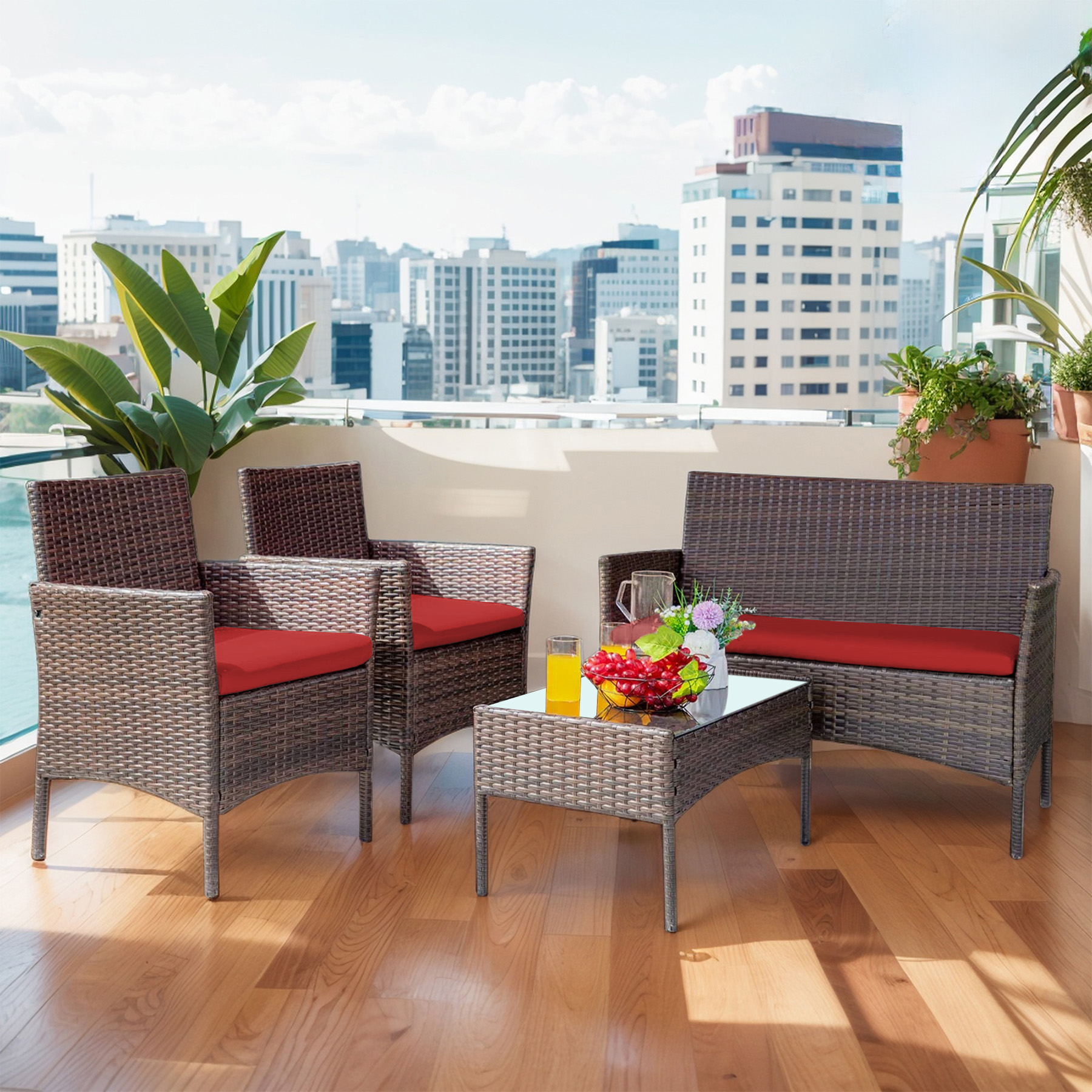 Tappio 4 PCS Outdoor Rattan Furniture Patio Conversation Set, Wicker Sofa Garden Conversation Bistro Sets for Yard, Pool or Backyard
